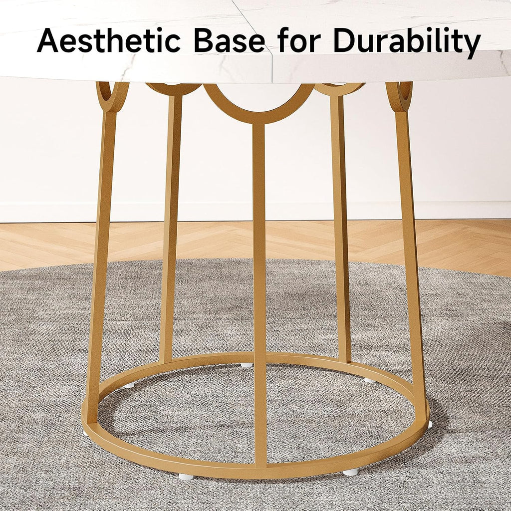 ONBRILL Round Dining Table, 47.24 Inch, Wooden Faux Marble with Gold Base, Circle Modern Small Table for Home Dining Room, Kitchen, Restaurant (White)