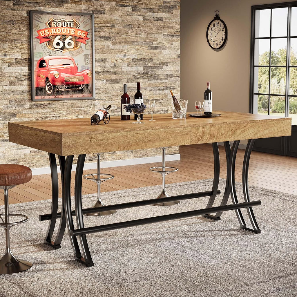 Tribesigns 63' Counter Height Bar Table with Metal Footrest, Rectangular Tall Kitchen Dining Pub Table, Industrial Home Bar Unit for Entertaining, Freestanding, Rustic Brown