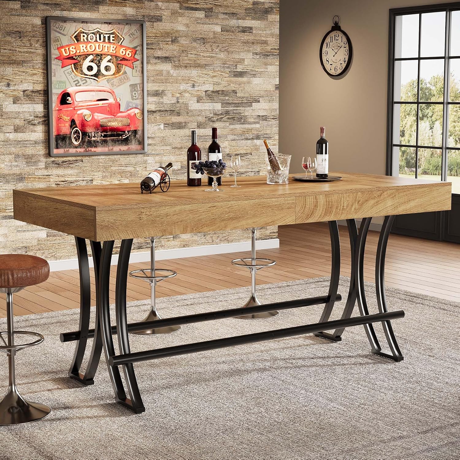Tribesigns 63' Counter Height Bar Table with Metal Footrest, Rectangular Tall Kitchen Dining Pub Table, Industrial Home Bar Unit for Entertaining, Freestanding, Rustic Brown