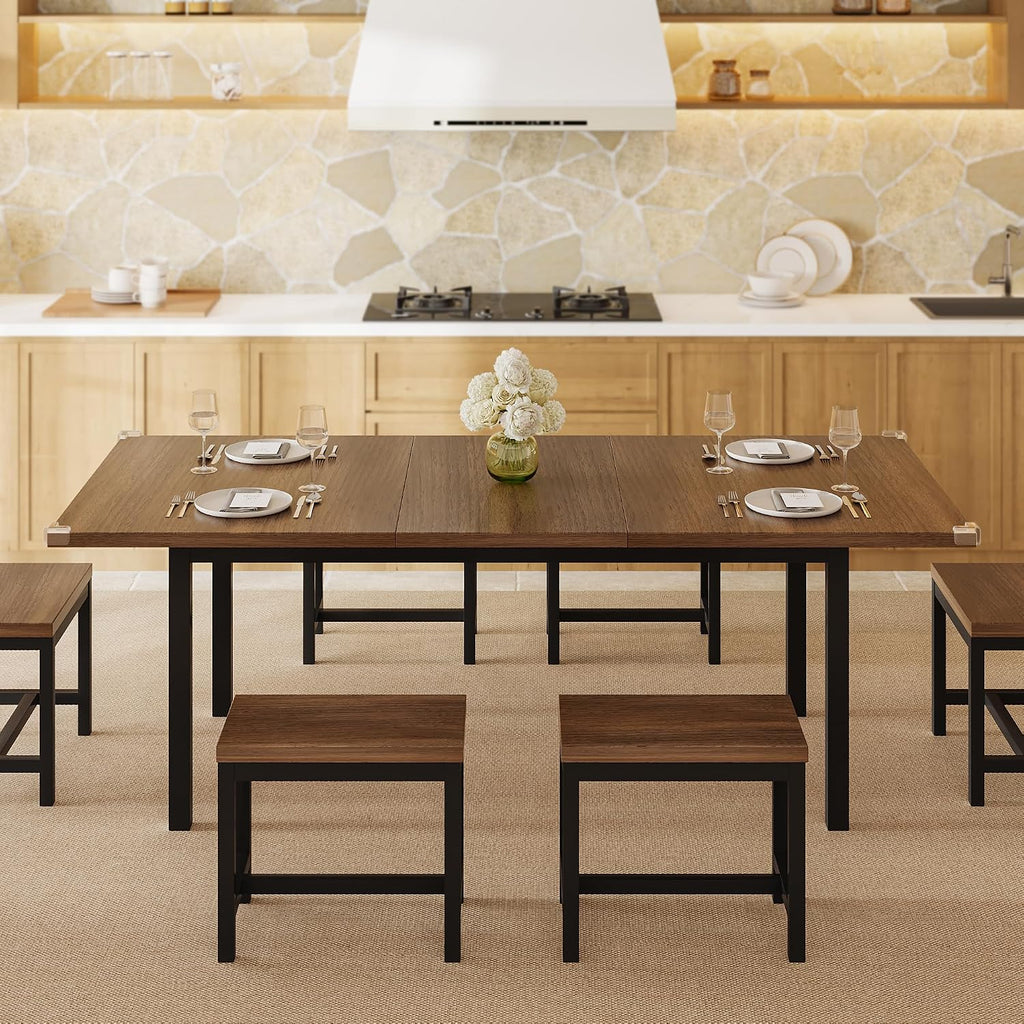 Einhomn 7-Piece Dining Table Set, 63' Extendable Kitchen Room Table with 6 Stools, Mid Century Modern Dinner Table with Metal Frame & MDF Board, Space-Saving, Easy Assembly, Walnut