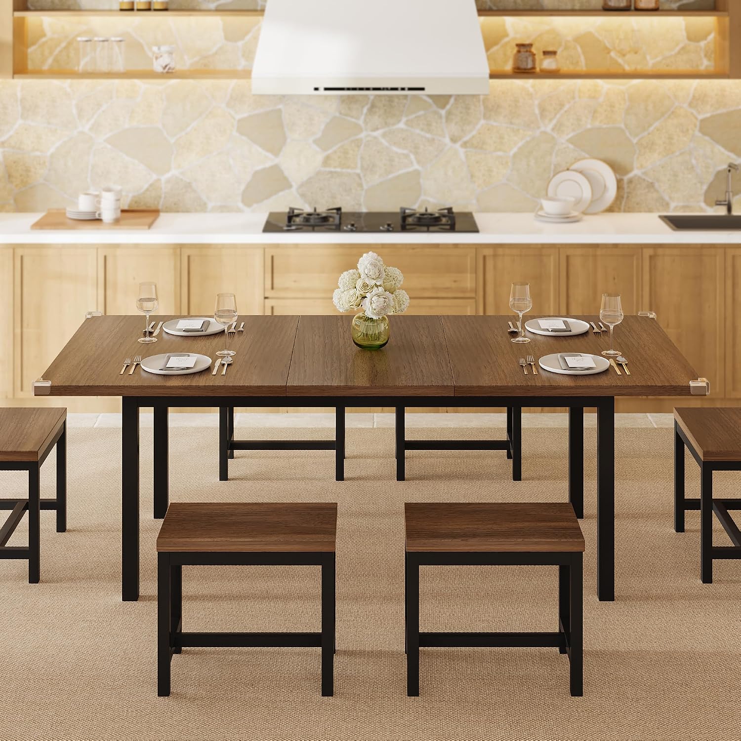 Einhomn 7-Piece Dining Table Set, 63' Extendable Kitchen Room Table with 6 Stools, Mid Century Modern Dinner Table with Metal Frame & MDF Board, Space-Saving, Easy Assembly, Walnut