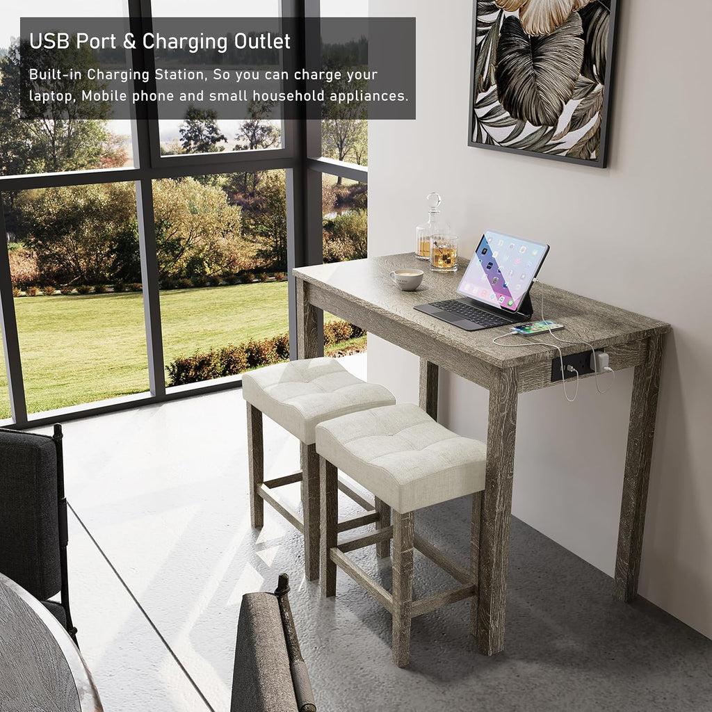 allamazing 3-Piece Counter Height Bar Table Set with Socket and 2 Fabric Padded Bar Stools, Tall Kitchen Breakfast Dining Table Set with Stools (1+2 Natural)