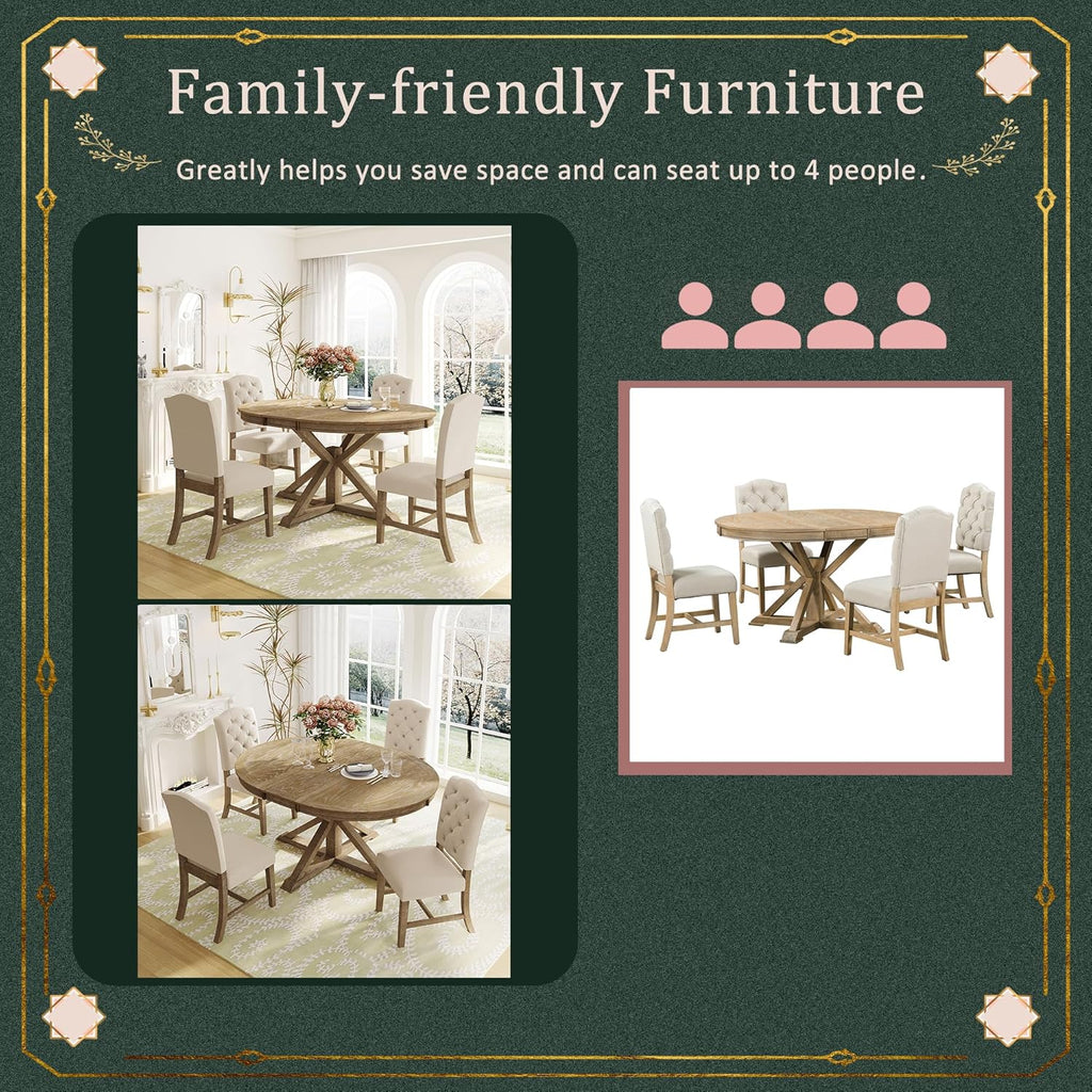 LUMISOL 5-Piece Solid Wood Dining Table Set for 4, Extendable Round Kitchen Table Set with 4 Upholstered Chairs, Farmhouse Table and Chairs Set for Kitchen, Dining Room, Living Room, Natural