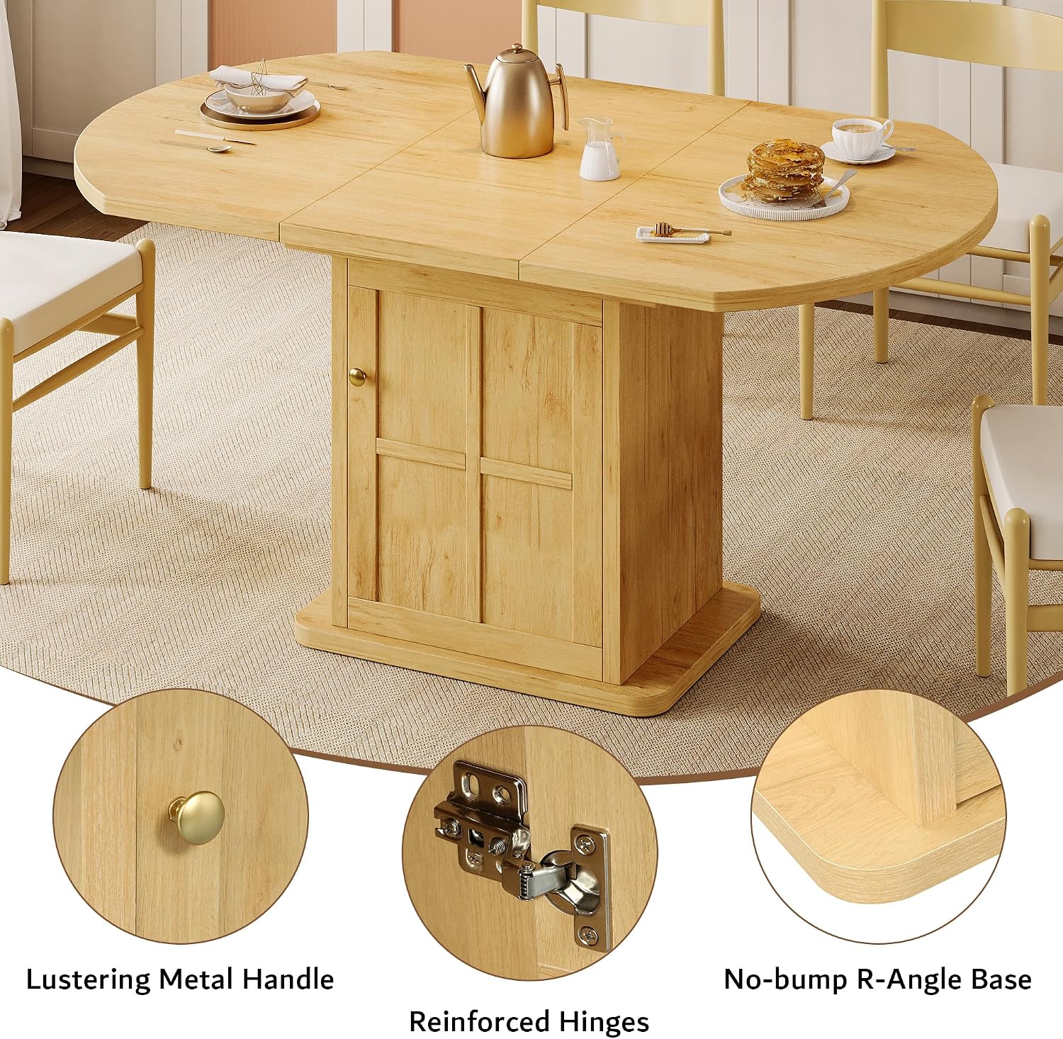 iPormis Round Dining Table for 4-6, 59'' Extendable Dining Room Kitchen Table with 2-Tier Storage Shelf, Modern Wood Dinner Table with Door & Pedestal Base, for Kitchen Living Room, Space Saving, Oak