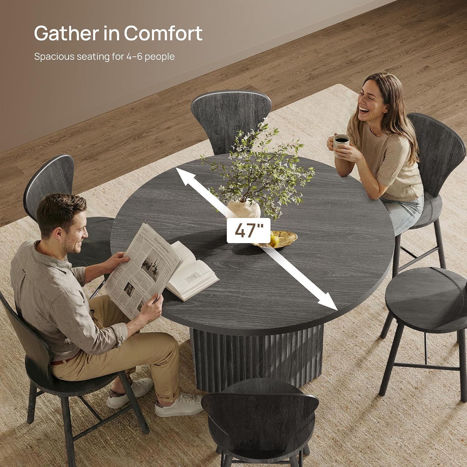 SICOTAS Round Dining Table for 4 6 People 47' Fluted Kitchen Dinner Table Modern Wooden Circle Dining Room Table with Sturdy Base for Dining Room Kitchen Living Room, Dark Grey Alder