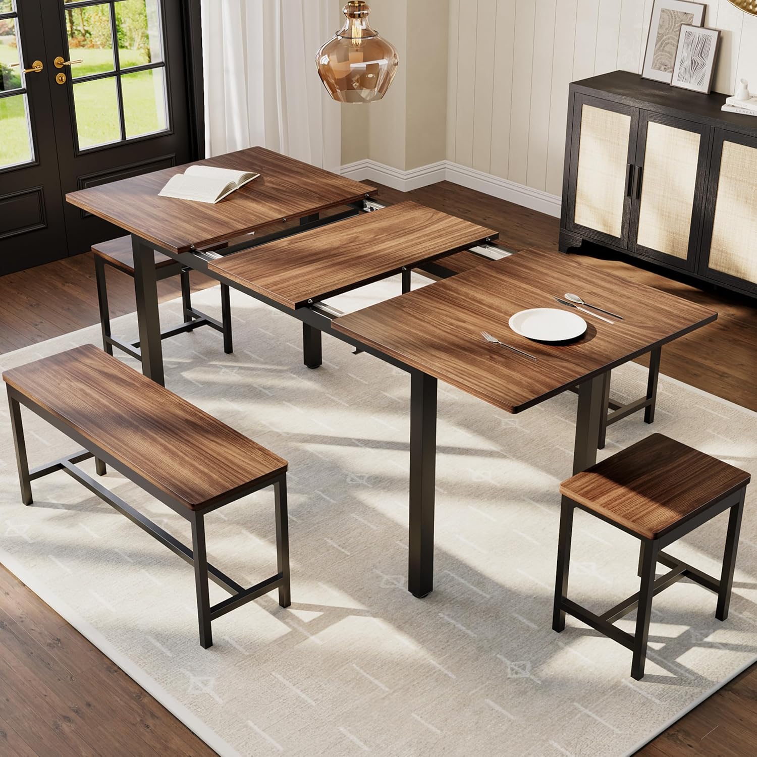 GarveeHome 5-Piece Dining Table Set for 4-8 People, 63 in Large Extendable Kitchen Table Set with 2 Benches and 2 Square Stools, Modern Dining Room Furniture Sets, Easy Assembly, Espresso