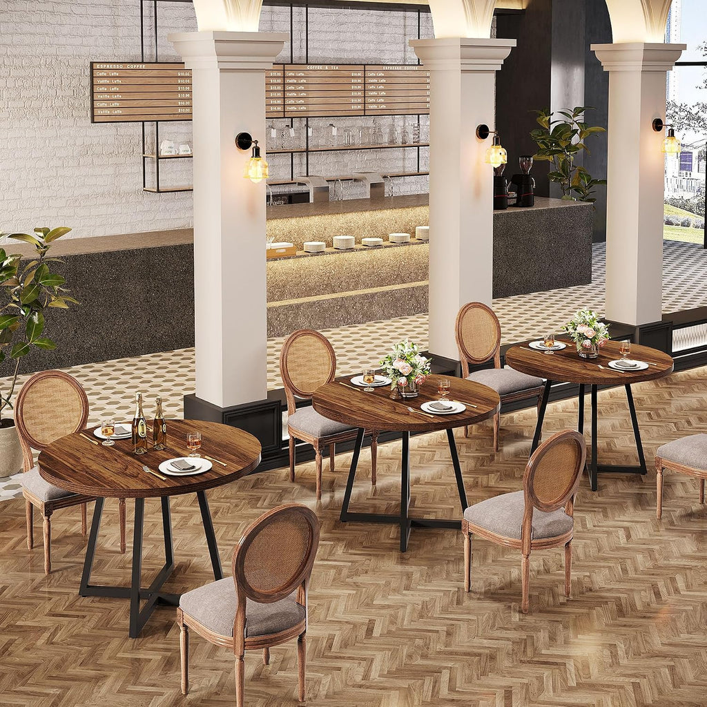 Tribesigns Round Commercial Dining Table Set of 4, 31.5' Heavy Duty Dinner Table with Metal Base, Wooden Kitchen Table for Restaurant, Cafe, Bakery, Bar, Apartment, Rustic Brown & Black