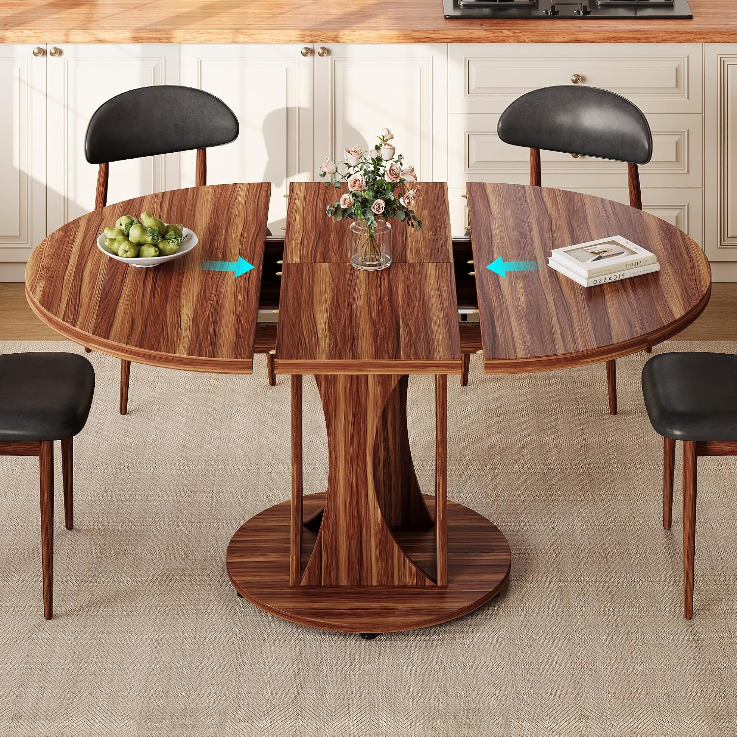 Einhomn 59' Extendable Round Dining Table for 6-8, Kitchen Table with Sturdy Double Arc Base & Backboard Clasp Desktop, Mid-Century Modern Dinner Table, Kitchen Dining Room, Space Saving, Walnut