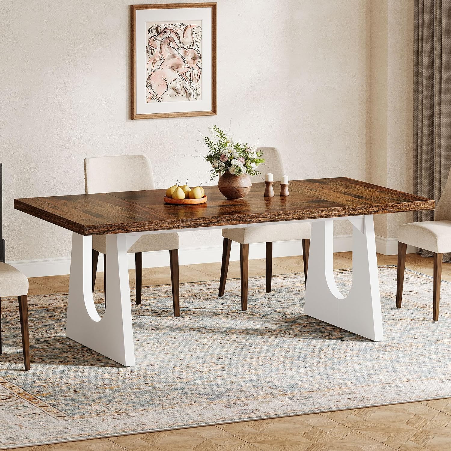 Tribesigns Large Dining Table for 6-8 People, 70.9' Wood Rustic Rectangular Table with White Wooden Legs, Farmhouse Center Kitchen Table for Dining Room, Living Room, Home Furniture (Brown & White)