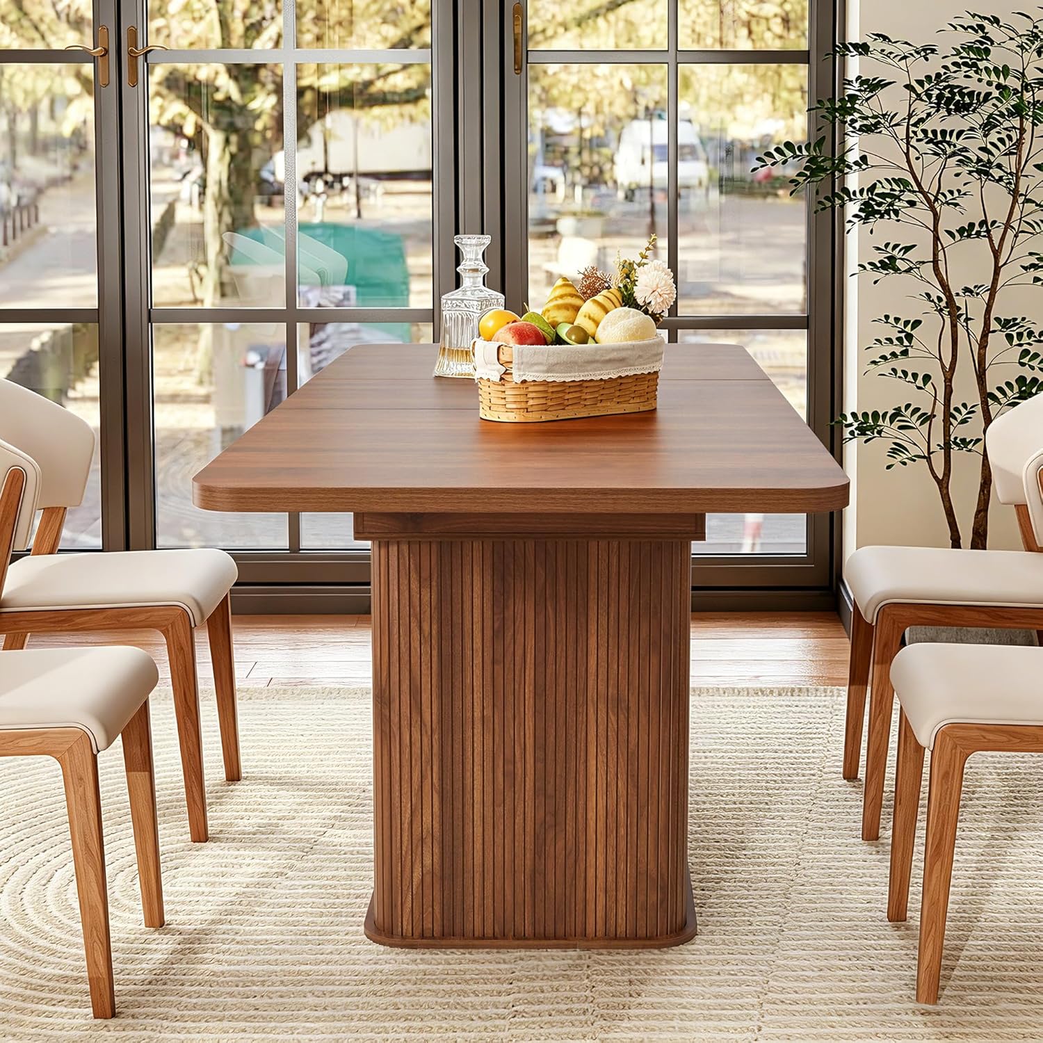 weselon 55'-71' Extendable Dining Table with Storage, Expandable Kitchen Table for 4-6, Space Saving Dining Room Table with Hidden Storage Cabinet, Adjustable Shelves & Fluted Base (Walnut)