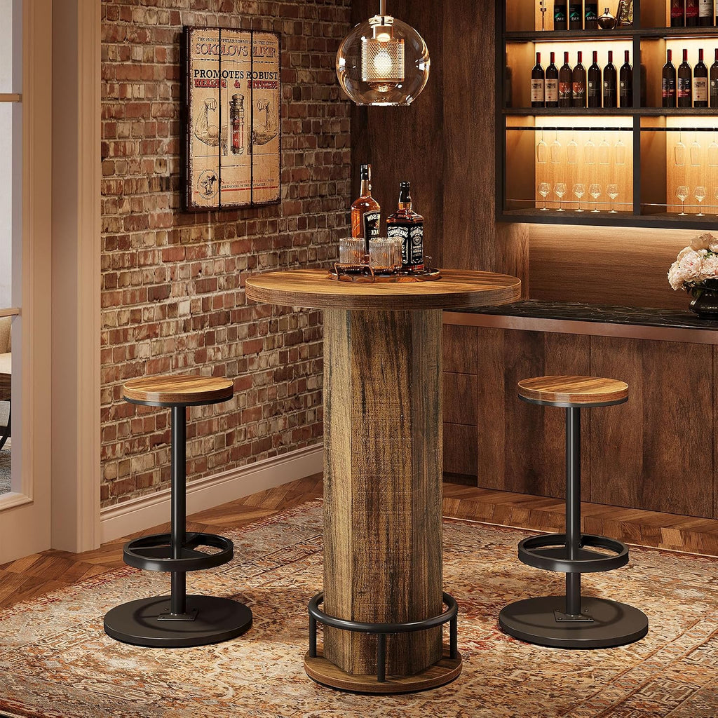 Tribesigns Round Bar Table with Chairs, Industrial Bistro Sets with 2 barstools, Pub Cocktail Table with Metal Ring Footrest for Kitchen Nook, Apartment, Small Space