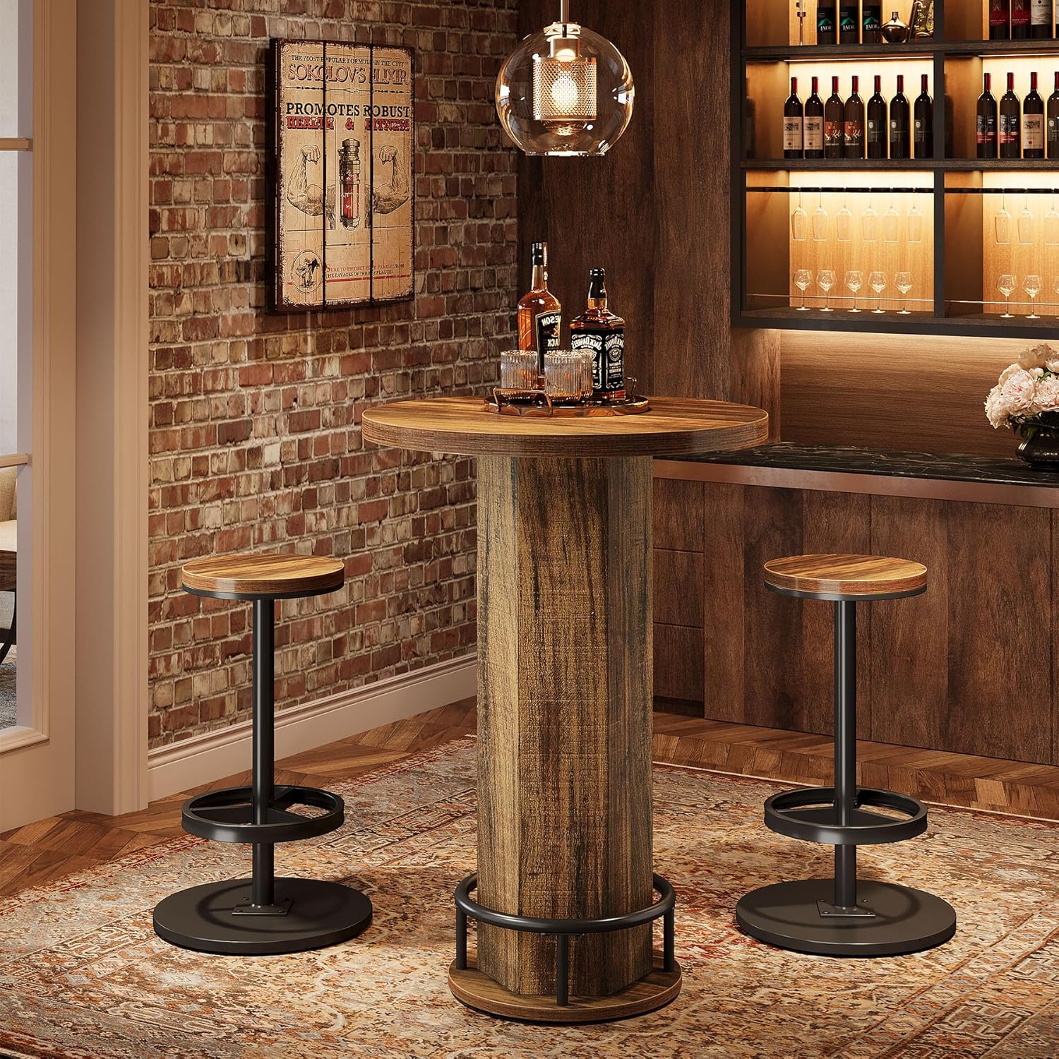 Tribesigns Round Bar Table Set of 2, Industrial Bistro Sets with 2 barstools, Pub Cocktail Table with Metal Ring Footrest for Kitchen Nook, Apartment, Small Space