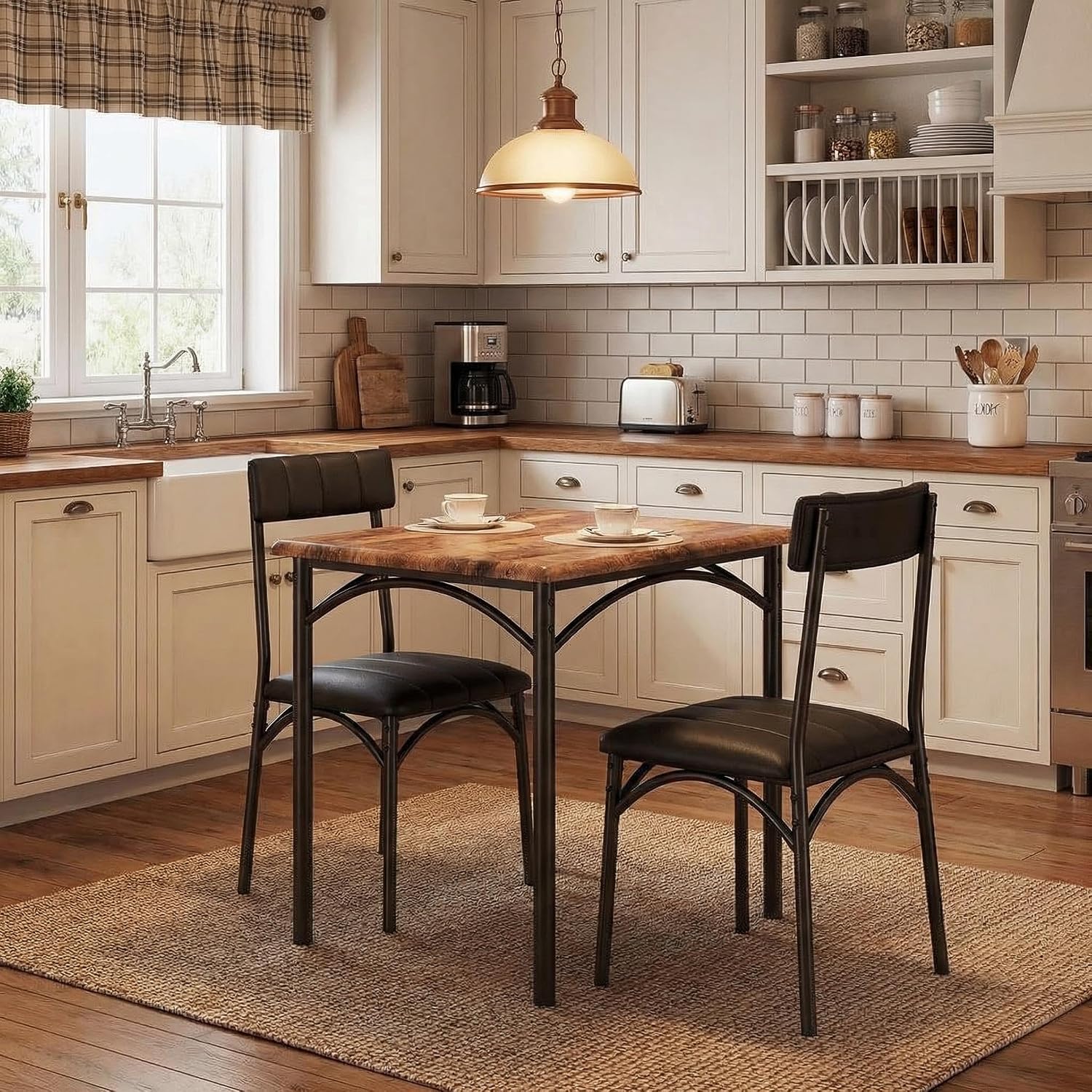 IDEALHOUSE Dining Table Set for 2, Kitchen Table and Chairs for 2 with Upholstered Chairs, 3 Piece Square Kitchen Table Set, Dining Room Table Set for Small Space, Apartment, Retro Brown
