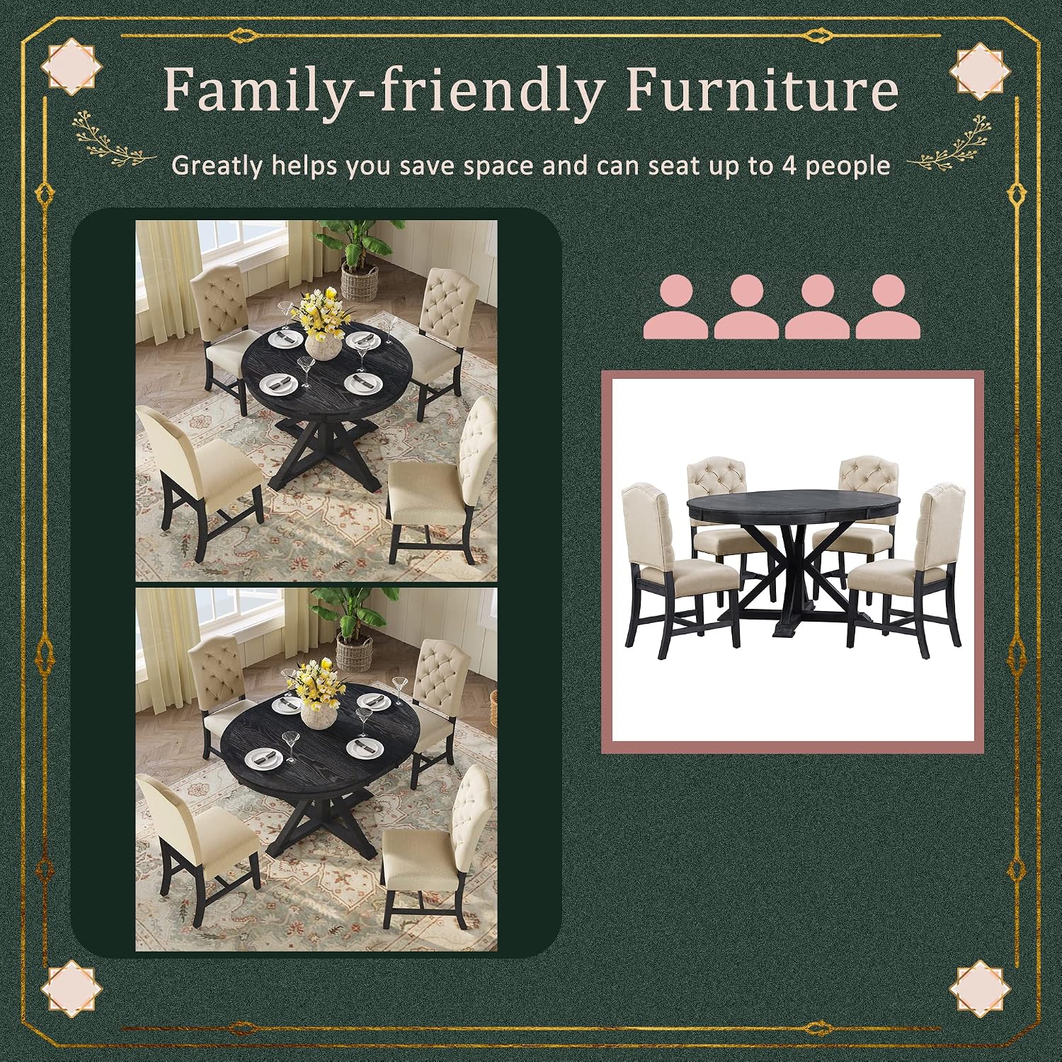 Bellemave Extendable Dining Table Set for 4, 5-Piece Round Table Set with 4 Chairs, Circle Table with Upholstered Chairs, Oval Kitchen Table Set with Extendable Table (Espresso)