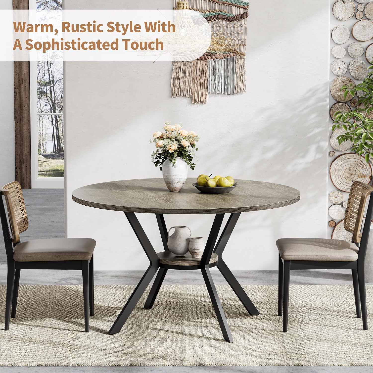 Round Dinner Table for 2-4, 42 Inch Kitchen & Dining Room Table with Storage, Wooden Circle Dining Table, Mid Century Modern Dining Table with Metal Legs for Kitchen, Living Room, Dining Room, Grey