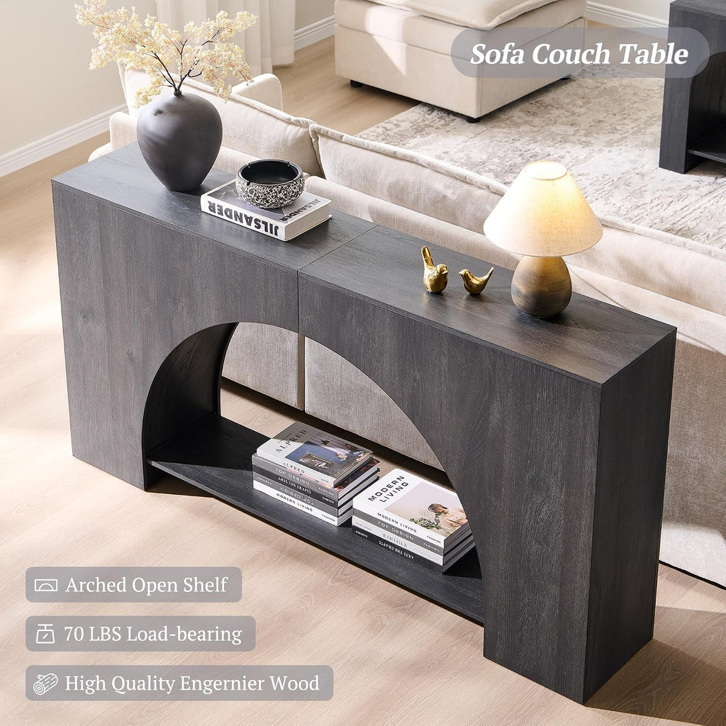 IFGET 63' Arched Console Table, 2-Tier Modern Entryway Table with Arched Base, Narrow Long Wood Sofa Table Behind Couch Table for Living Room, Hallway, Foyer, Dark Grey