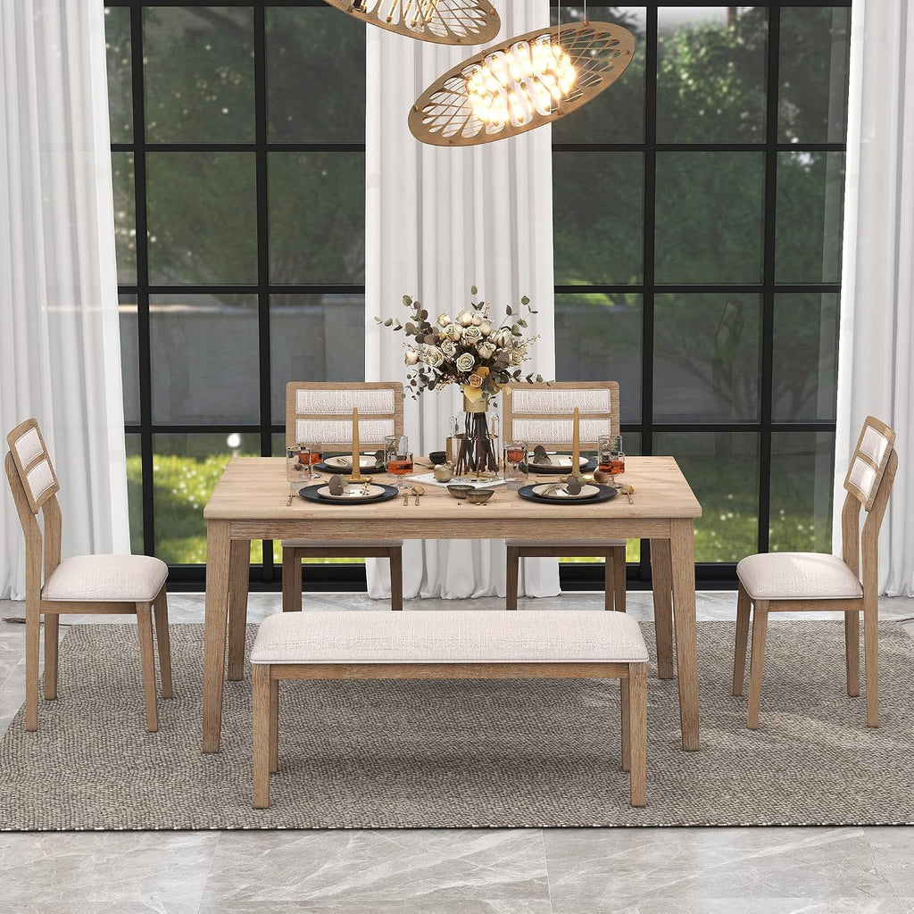 Merax 6-Piece Farmhouse Dining Table Set for 6, Solid Wood Rectangle Kitchen Table with 4 Upholstered Chairs & 1 Bench, Rustic Dining Room Set- Natural Wood Wash