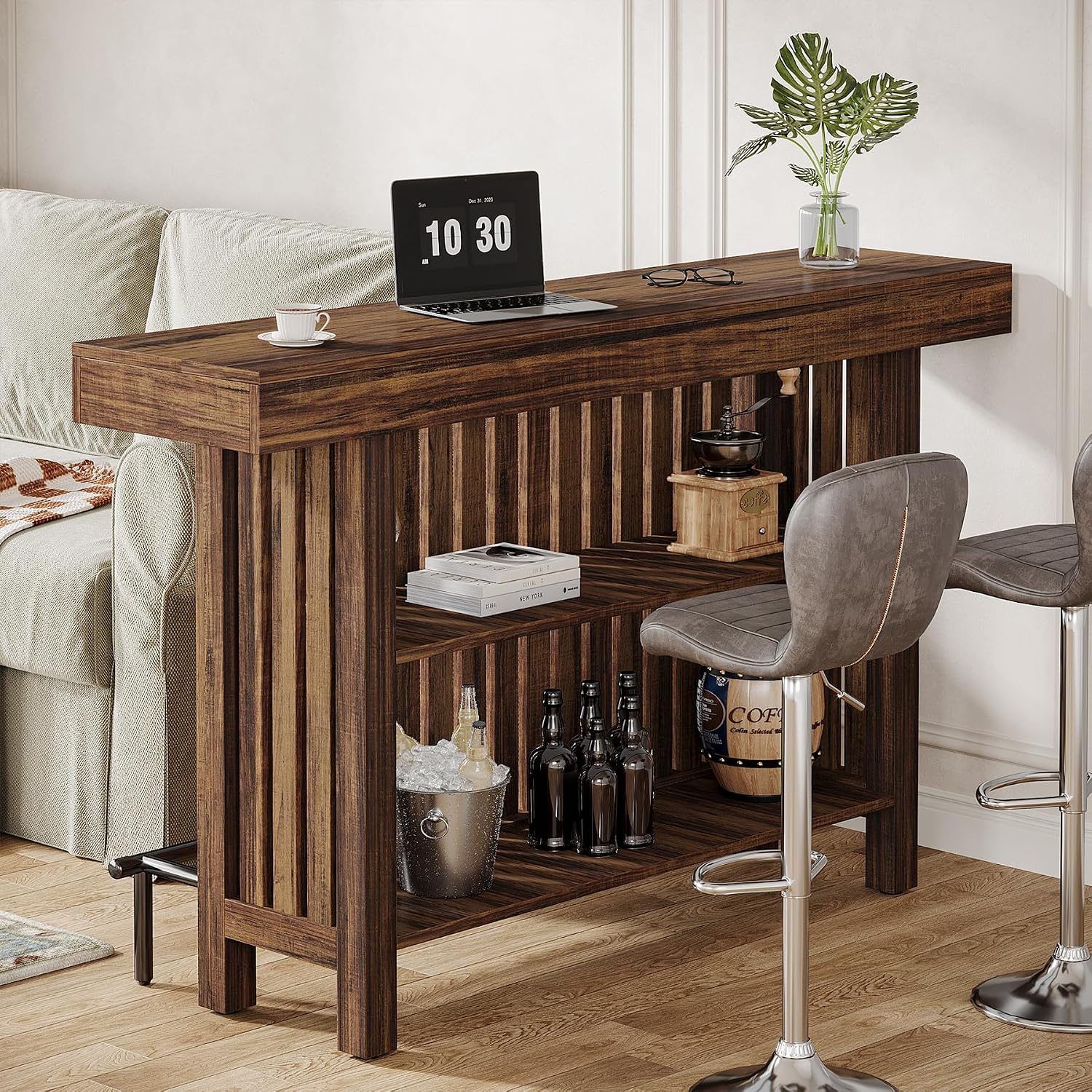 Tribesigns Large 2-Tier Bar Table, 63-Inch Mini Pub Table with Footrest, Rectangular Modern Coffee Bar Cabinet Counter Height Table for Home Kitchen, Bistro, Dining Room, Living Room, Rustic Brown