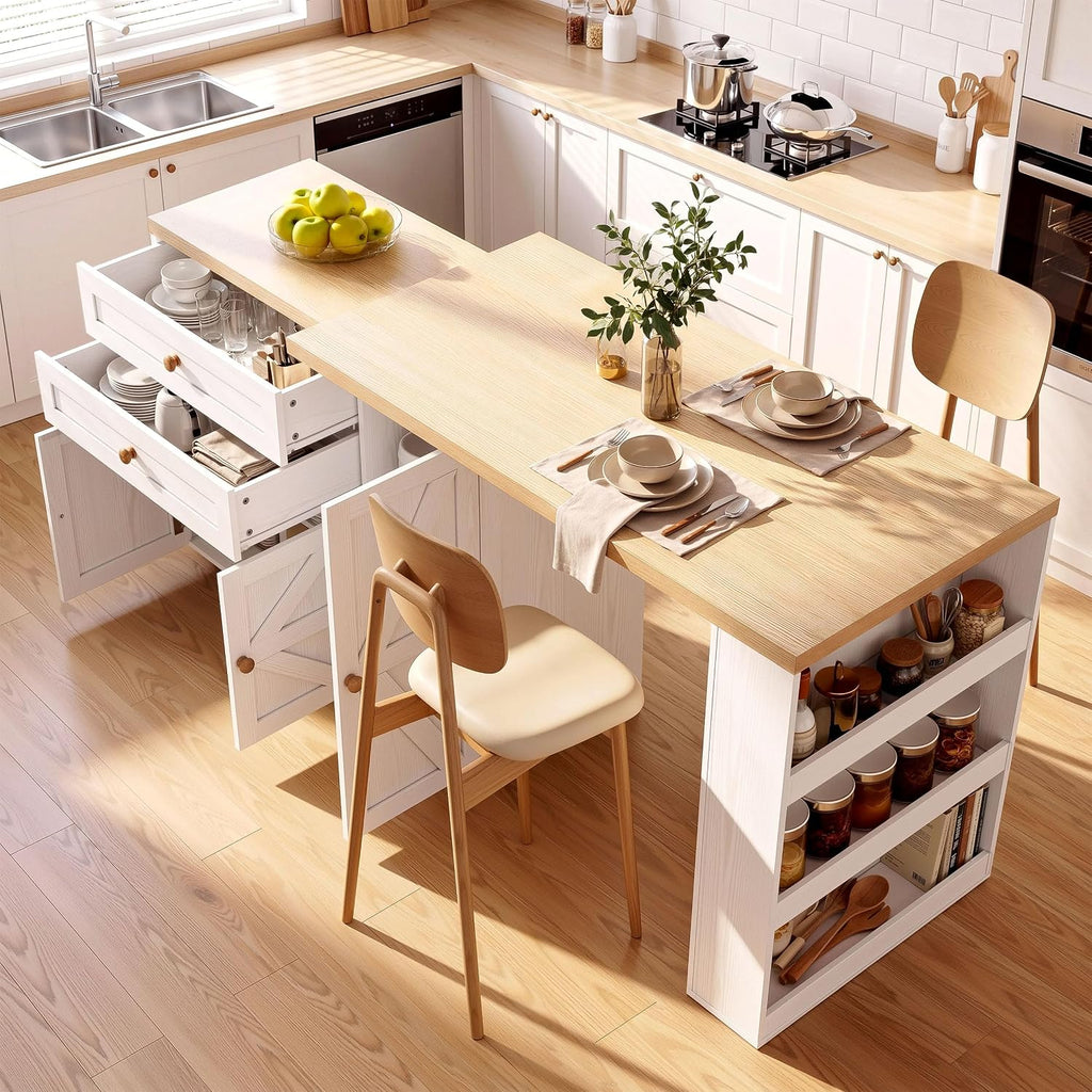 IRONCK Kitchen Island with 360° Swivel Table, 71 inch Rolling Kitchen Island Cart with Storage, Home Bar Table with Spice Rack and Drawers, Mobile Wood Kitchen Island on Wheels, White