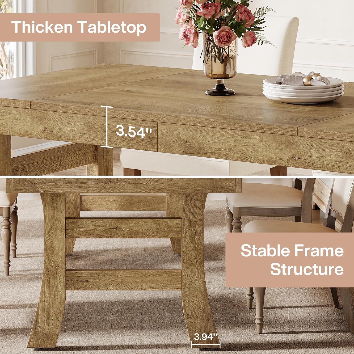 Tribesigns 63-Inch Dining Table for 4-6 People, Farmhouse Rectangular Large Kitchen Dinner Eating Table with Sturdy Legs for Home Kitchen, Dining Room, Light Brown