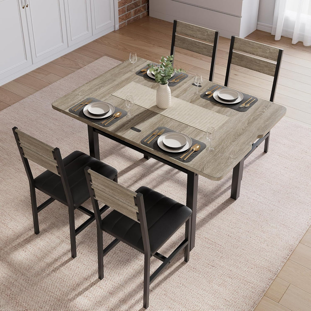 MapleGrace Dining Table Set for 4, Extendable Kitchen Table with 4 PU Leather Upholstered Dining Room Chairs, Wood Kitchen Table Set with Built-in Storage Rack for Dining & Small Spaces, Grey