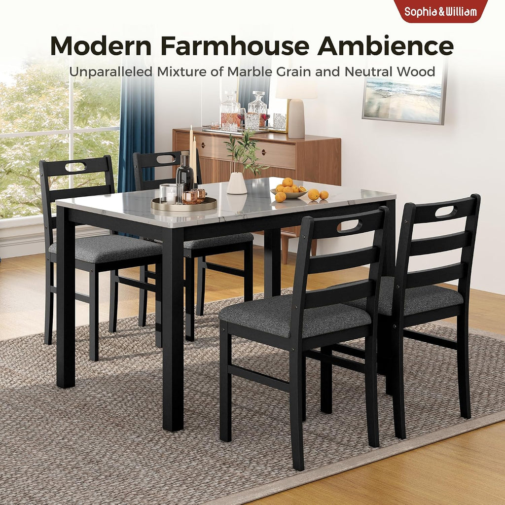 Sophia & William 5 Piece Dining Table Set for 4, Faux Marble Kitchen Table and Chairs Set, Solid Wood Farmhouse Dinner Table Set,Venatino White Marble & Black