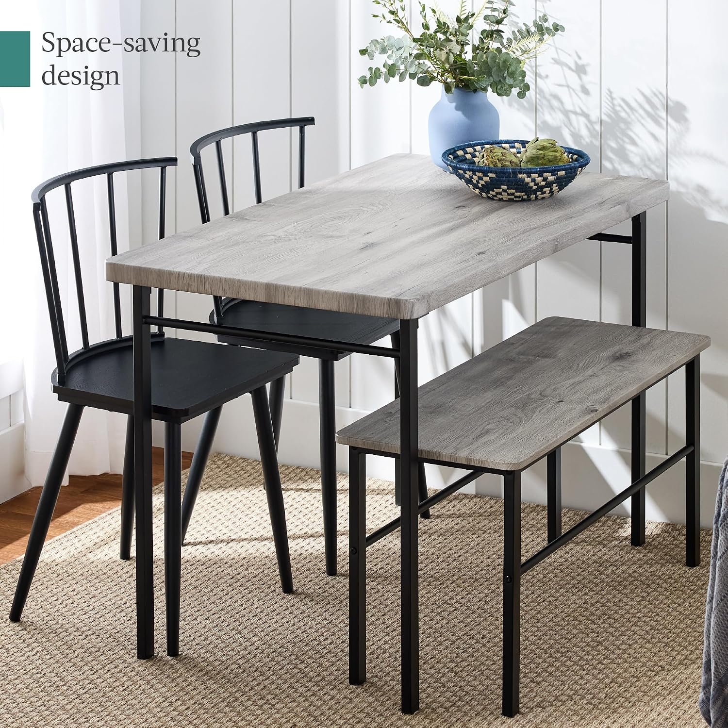 Best Choice Products 4-Piece Farmhouse Dining Table Set w/ 2 Black Spindle Chairs, Dining Bench, Kitchen Table, Windsor Chairs - Gray