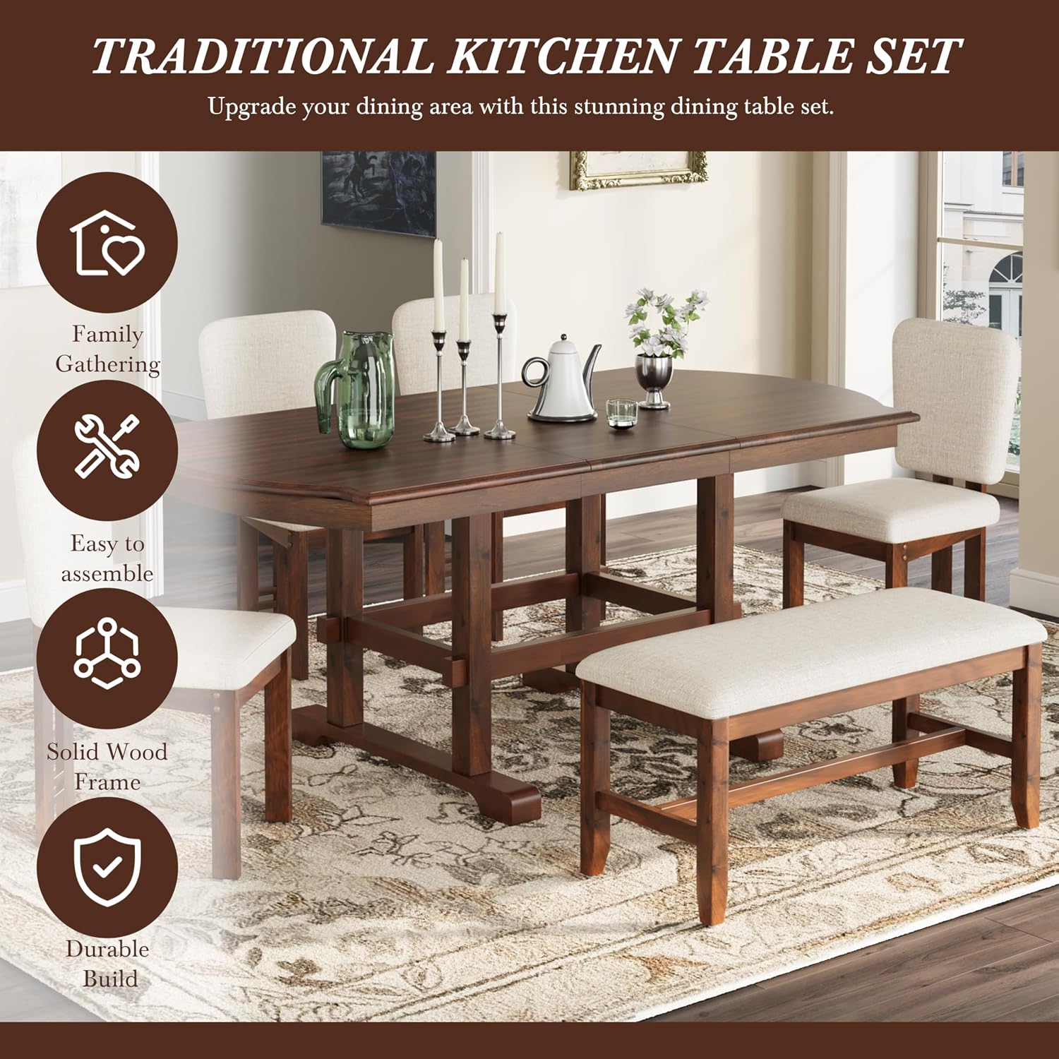 Merax 6 Pieces Dining Table Set, Extendable Wood Dining Room Set with Bench, Kitchen Table Set with Removable Leaf and 4 Upholstered Dining Chairs, Espresso+Beige