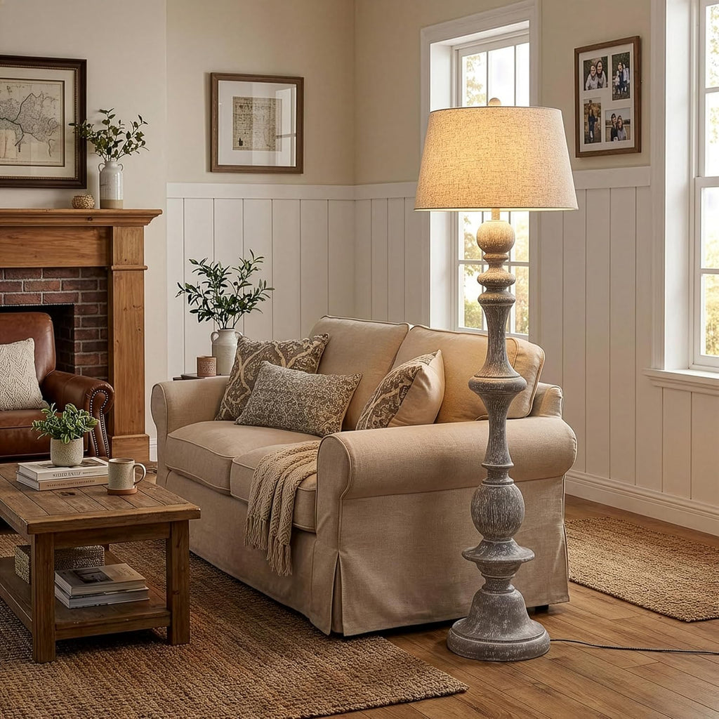 JONATHAN Y 67' Wash Gray Resin Candlestick Floor Lamp Farmhouse Rustic Traditional Standing Lamp for Living Room with Wash Gray Linen Empire Shade LED Bulb Included JYL3000C