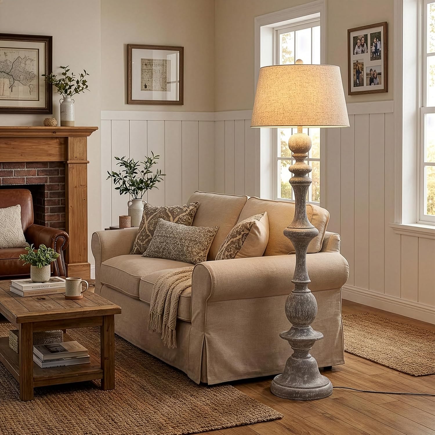 JONATHAN Y 67' Wash Gray Resin Candlestick Floor Lamp Farmhouse Rustic Traditional Standing Lamp for Living Room with Wash Gray Linen Empire Shade LED Bulb Included JYL3000C