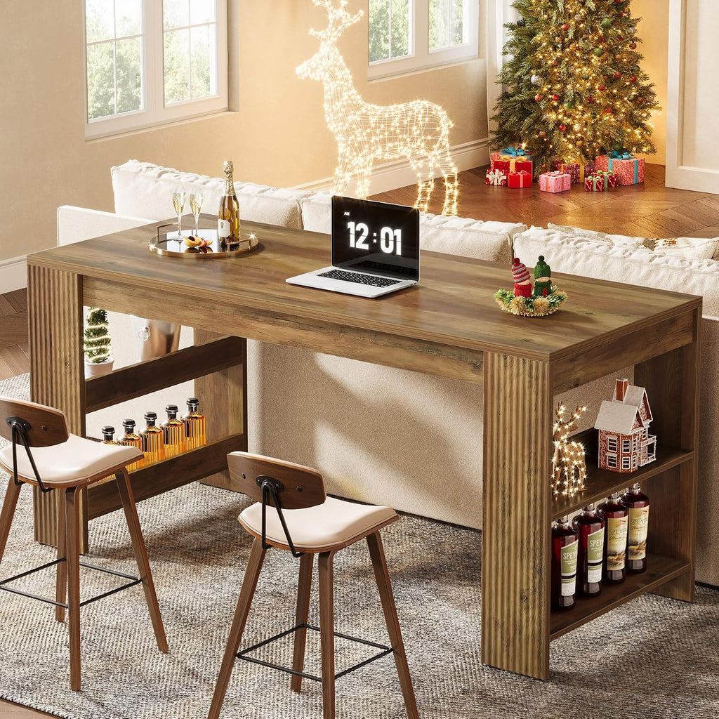 Tribesigns 63-Inch Bar Table, Farmhouse Counter Height Pub Table with Storage Shelves, High Top Bar Unit for Kitchen, Dining Room, Bistro, Brown Rustic