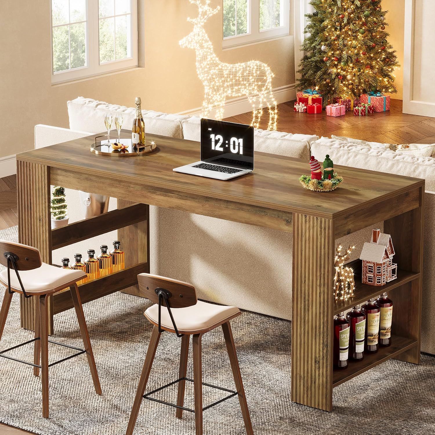 Tribesigns 63-Inch Bar Table, Farmhouse Counter Height Pub Table with Storage Shelves, High Top Bar Unit for Kitchen, Dining Room, Bistro, Brown Rustic