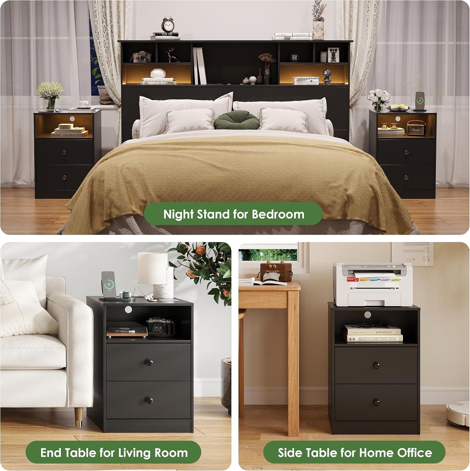 Nightstand Set of 2 Bedside Table with Charging Station & LED Lights Wood Side Table with 2 Drawers Black End Table for Bedroom Living Room
