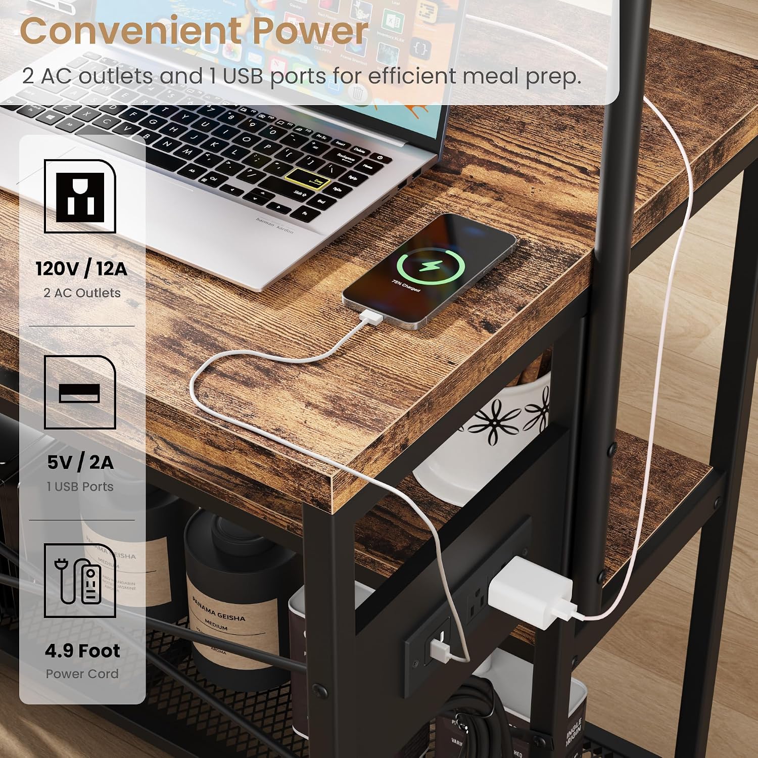 Garvee Kitchen Island with Power Outlet & 2 Bar Stools, Industrial Bakers Rack with 3-Tier Shelves & 5 Hooks, Microwave Stand Coffee Bar Table for Dining Room, Living Room, Apartment