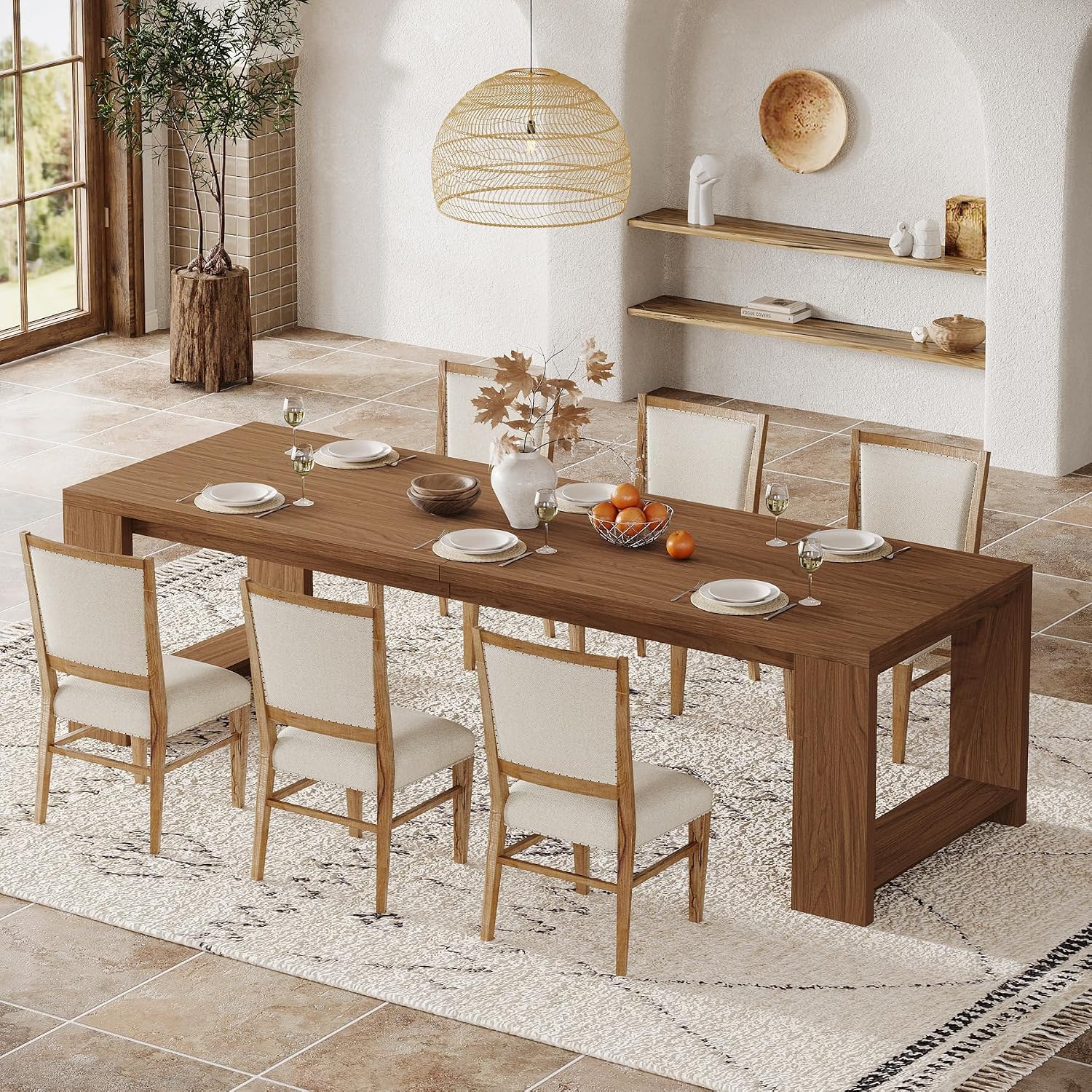 Tribesigns 86.61-Inch Dining Table for 6-8 People, Narrow Long Modern Kitchen Table with Pedestal Base, Farmhouse Extra Long Rectangular Dining Room Furniture, 27.56 x 86.61 x 29.53 Inches, Brown