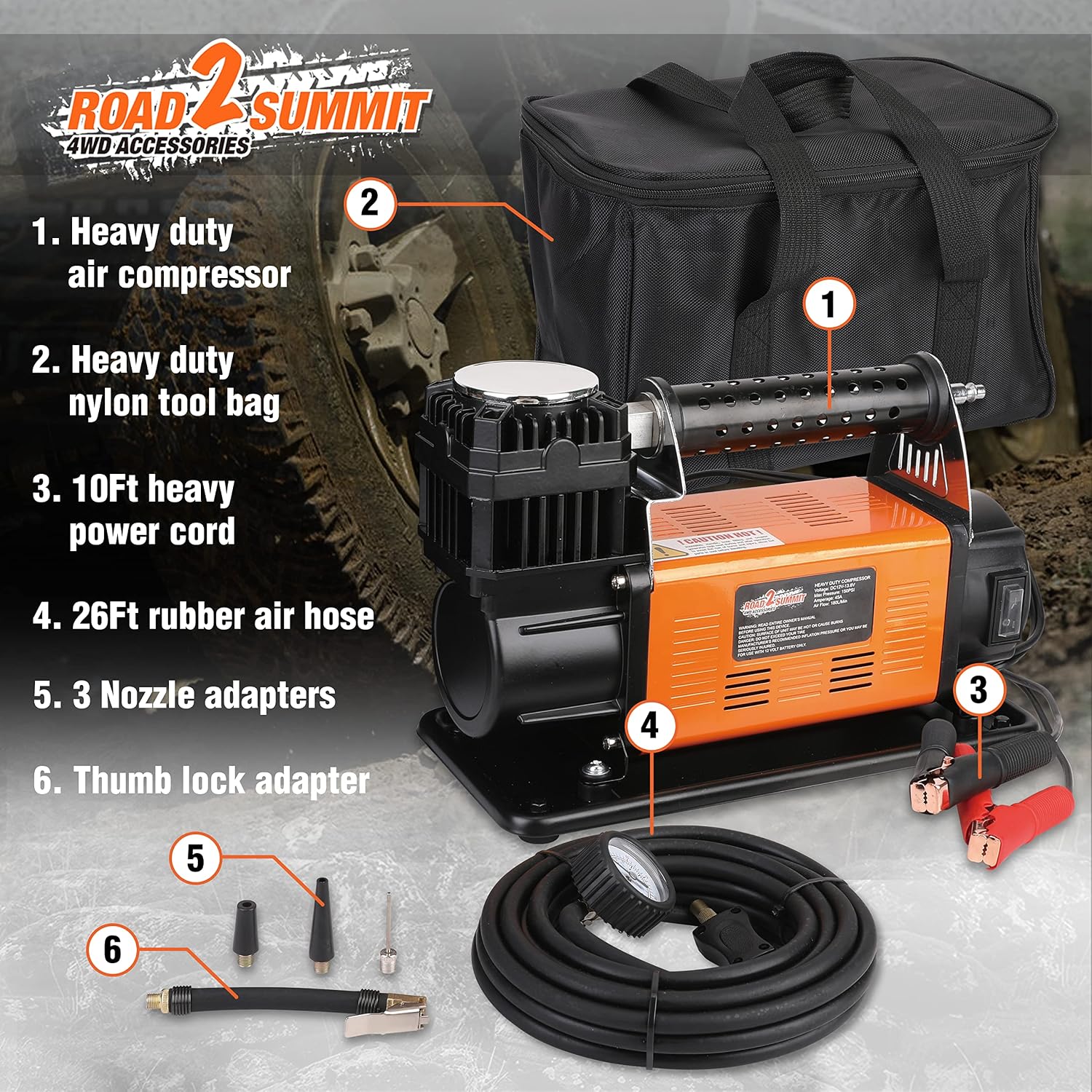 Heavy Duty Portable 12V Air Compressor Kit Inflate 6.35CFM (180L/ Min), Max 150PSI, Off-Road Air Compressor Kit for 4x4 Vehicle RV, Air Pump for ATVS Tire, for Car and SUV Tire