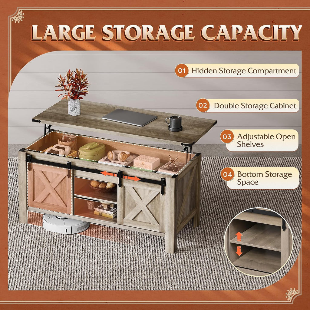 WLIVE 47.2' Farmhouse Lift Top Coffee Table with Sliding Barn Doors, Large Hidden Storage Compartment and Adjustable Shelf for Living Room,Office, Greige