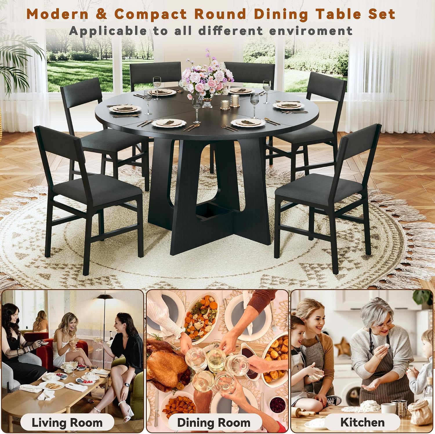HUAHUU Round Dining Table Set for 6, 7-Piece Kitchen Table and Chairs for 6, 47'' Round Dining Room Table Set with 6 Chairs, Space Saving Dining Table with Wood Base for Kitchen, Living Room, Black