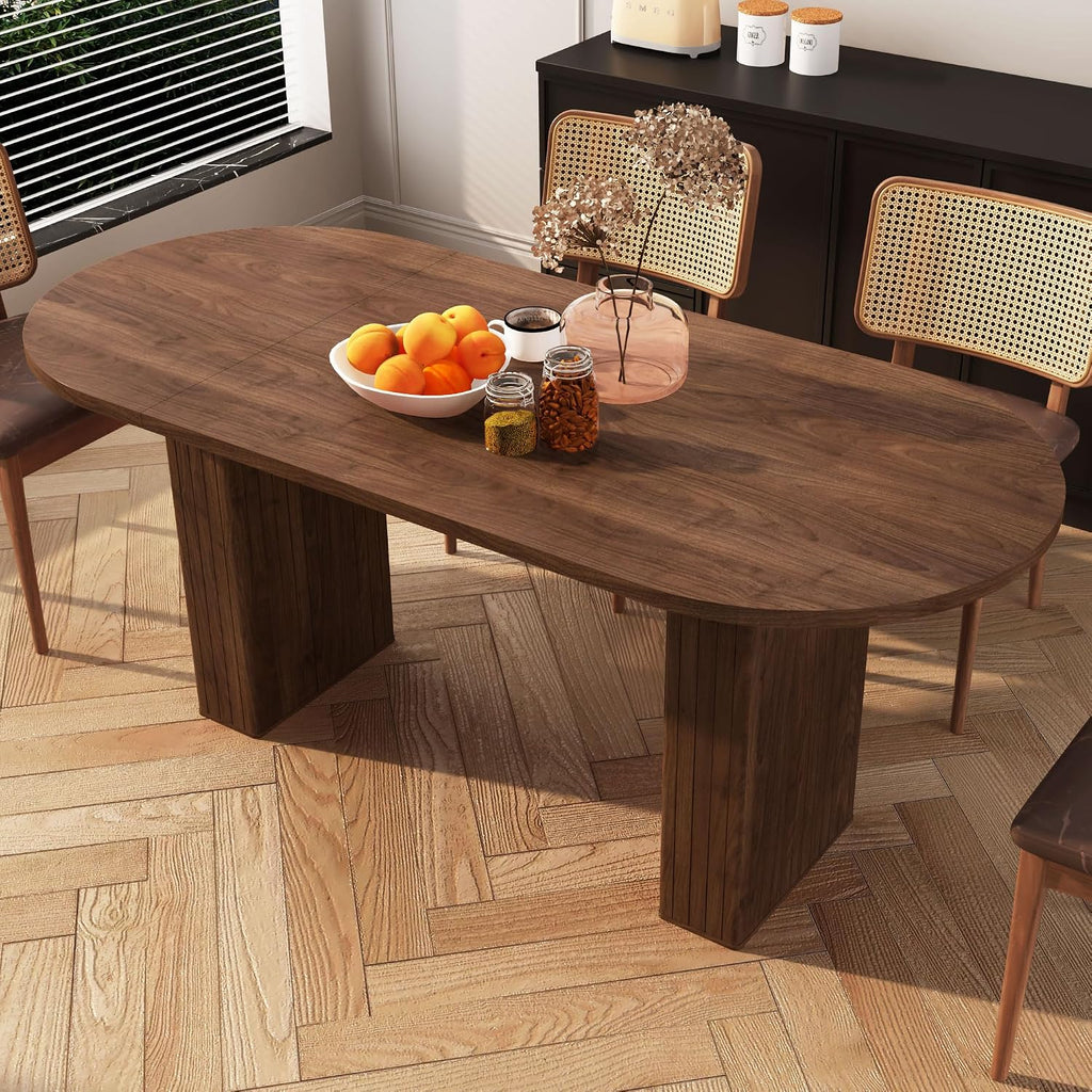 70.8 Inch Oval Dining Table for 4-6 People, Kitchen Table with Wood Strip Base, Modern Farmhouse Round Dining Room Tables for Kitchen Living Room (Walnut)