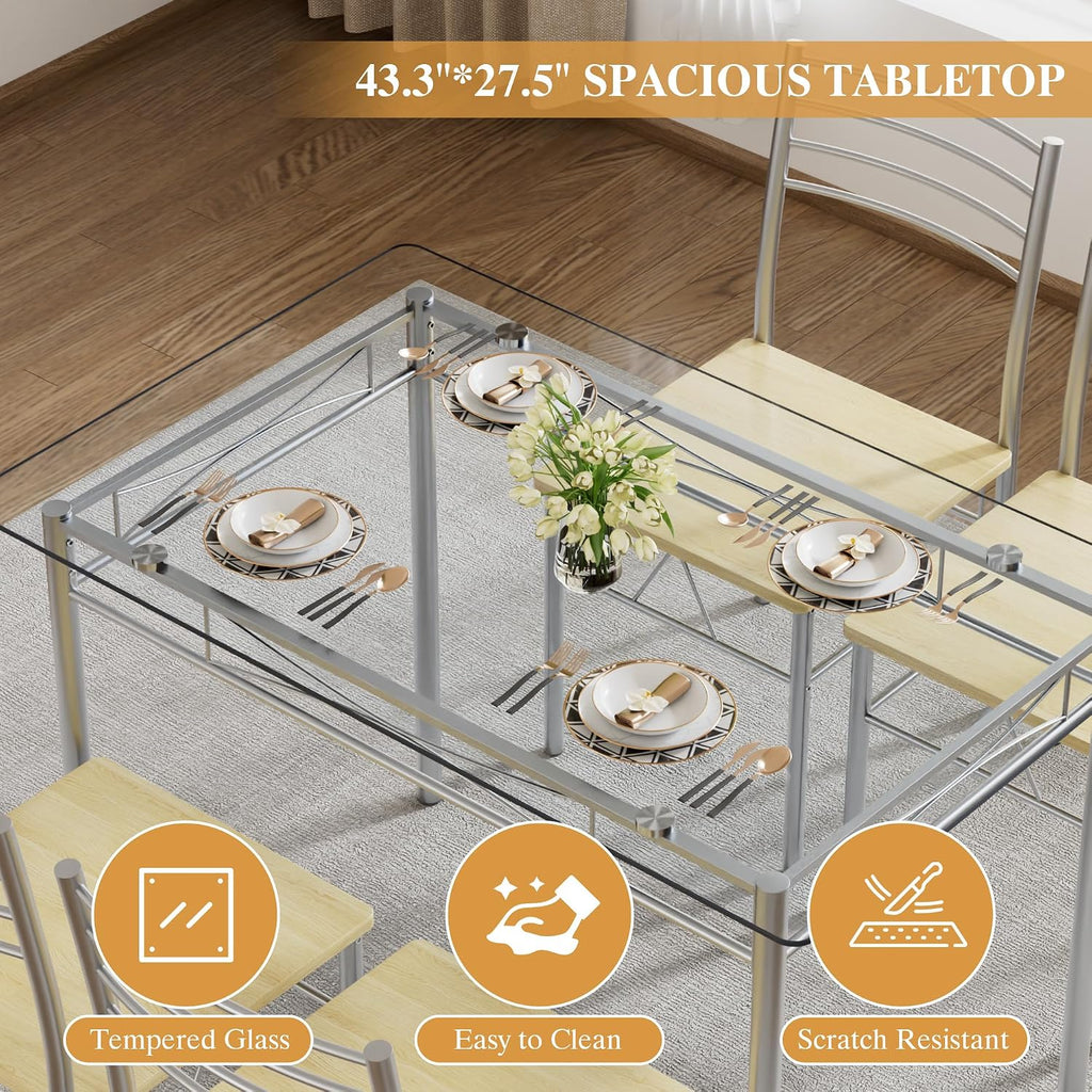 VECELO Dining Table Set for 4, 5-Piece Glass Kitchen Table with Chairs for Small Space, Breakfast Nook, Space-Saving, Silver