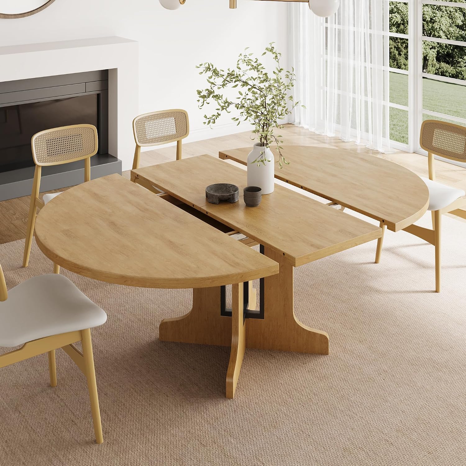 Feonase 59' Round Extendable Dining Room Table for 6, Modern Oval Kitchen Table with Heavy Duty Wood Base, for Kitchen Dining Living Room, Easy Assembly, Noise-Free, Oak
