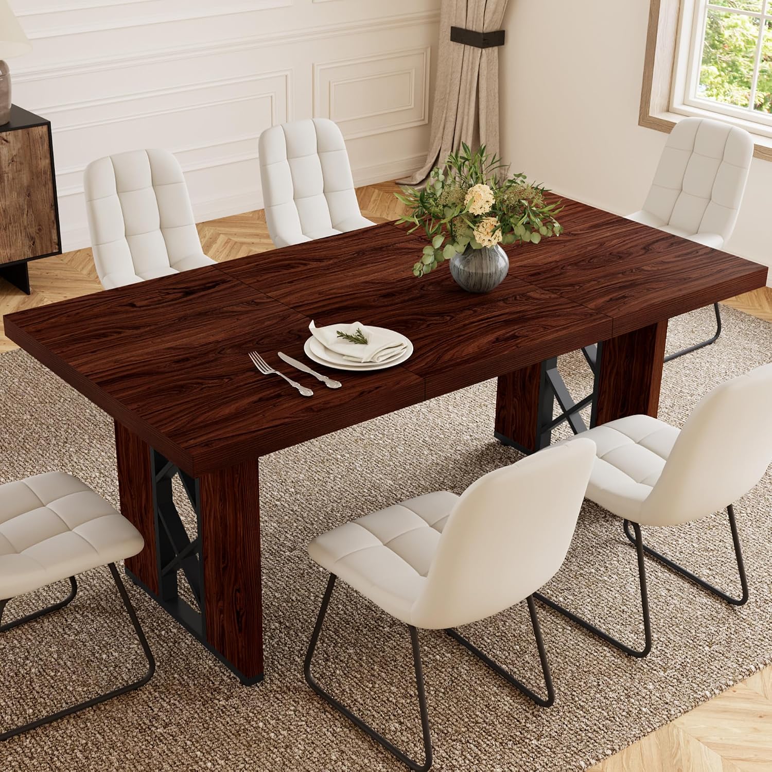 HIPIHOM 7-Piece Dining Table Set for 6 People, 70.8' MDF Kitchen Table with 6 Upholstered Chairs, Space-Saving for Dining Room, Breakfast Nook(Walnut Table+6 White Chairs