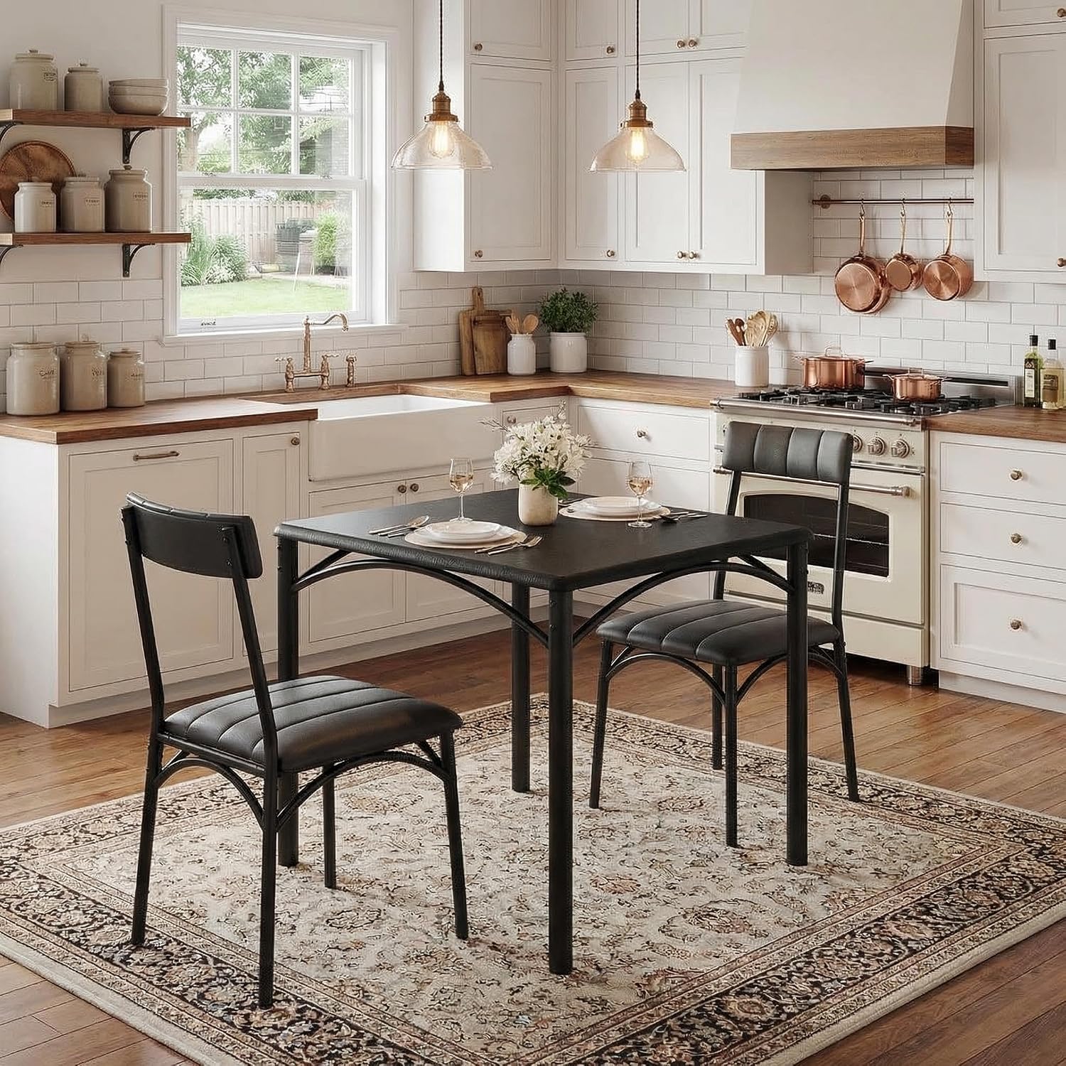 GAOMON Dining Table Set for 2, Kitchen Table and Chairs for 2 with Upholstered Chairs, 3 Piece Dining Room Table Set, Square Kitchen Table Set for Small Space, Apartment, Studio, Rustic Black
