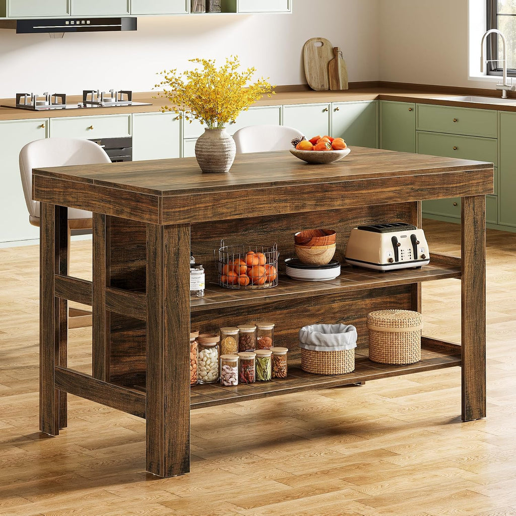 Tribesigns Kitchen Island with Seating and Storage Shelves, 55.1-Inch Breakfast Counter Farmhouse Island Table for Kitchen Dining Room (Deep Brown)