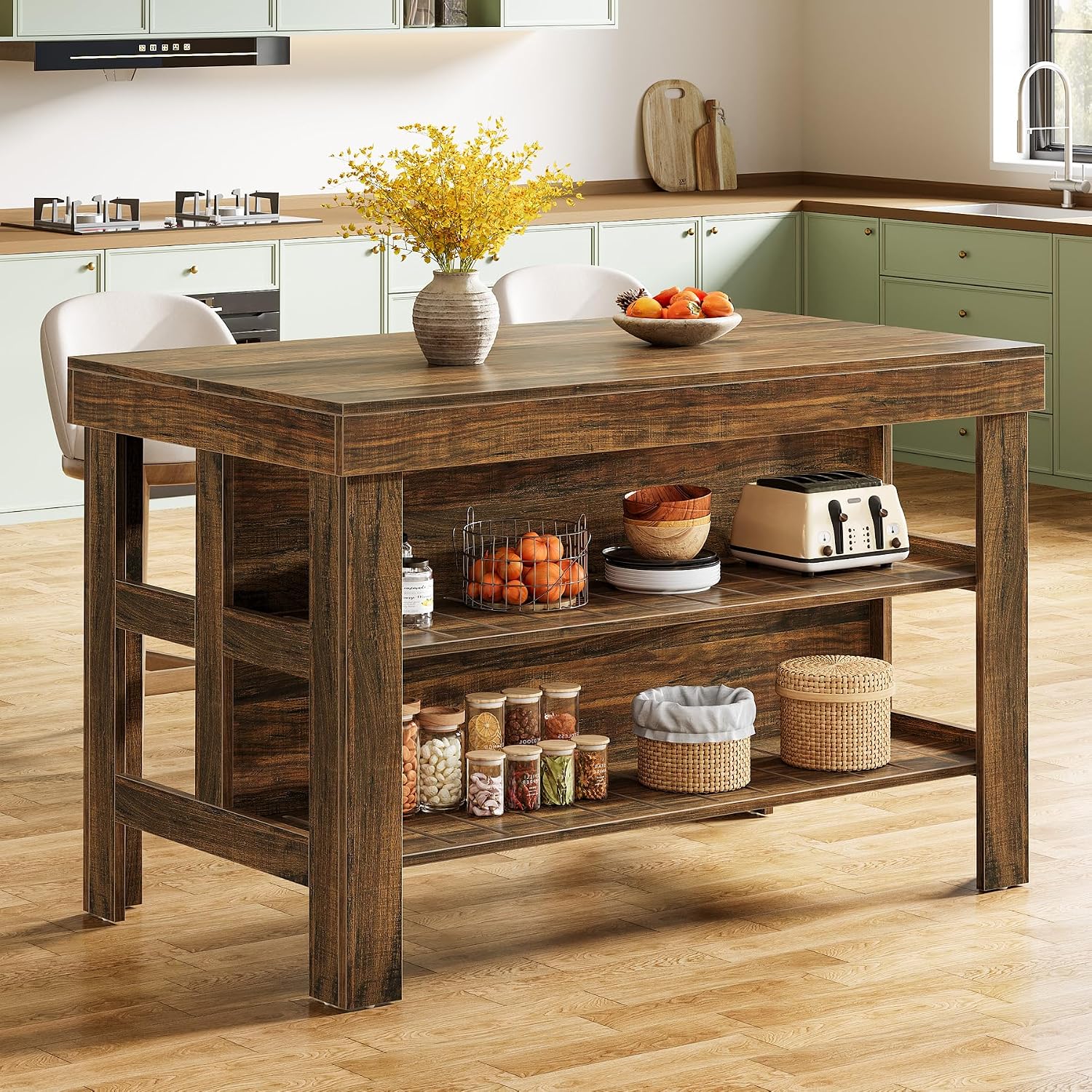 Tribesigns Kitchen Island with Seating and Storage Shelves, 55.1-Inch Breakfast Counter Farmhouse Island Table for Kitchen Dining Room (Deep Brown)