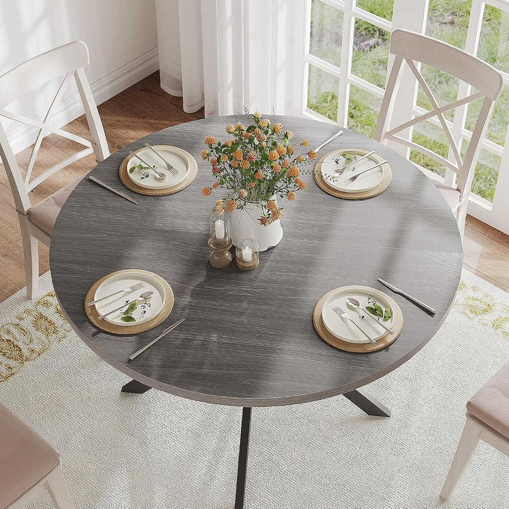 ChooChoo 47.2 Inch Round Dining Table for 4, Farmhouse Wood Kitchen Table, Circle Dinner Table for Kitchen & Dining Room, Grey
