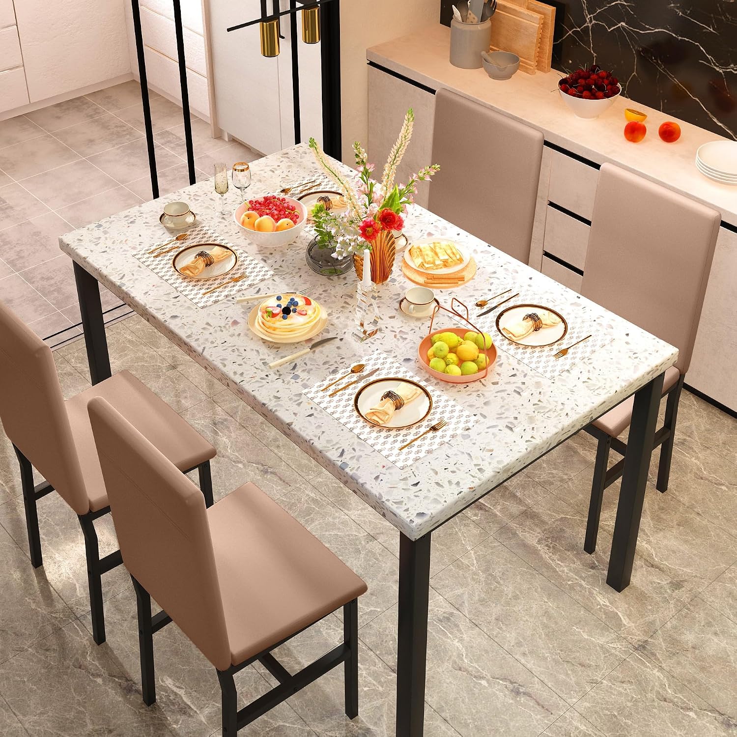Hooseng 5 Piece Dining Table Set for 4, Small Faux Marble Kitchen Table with 4 PU Leather Chairs, Modern Dining Room Table Set for Small Space, Breakfast Nook, Dinette