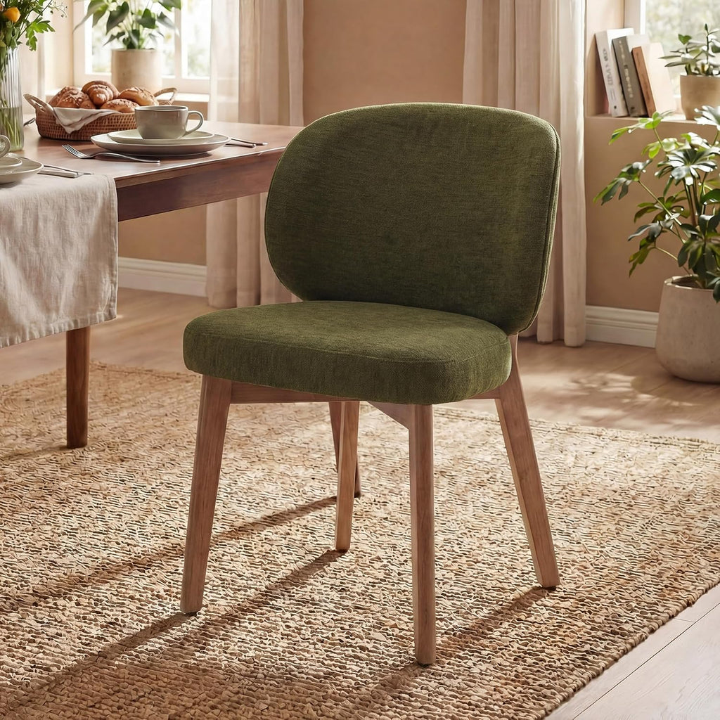 YOUNIKE Olive Green Dining Chair with High Back Single Mid Century Modern Kitchen Chair Boucle Fabric Upholstered Armless Accent Chair 20' Wide Padded Seat with Wooden Legs for Living Room Bedroom
