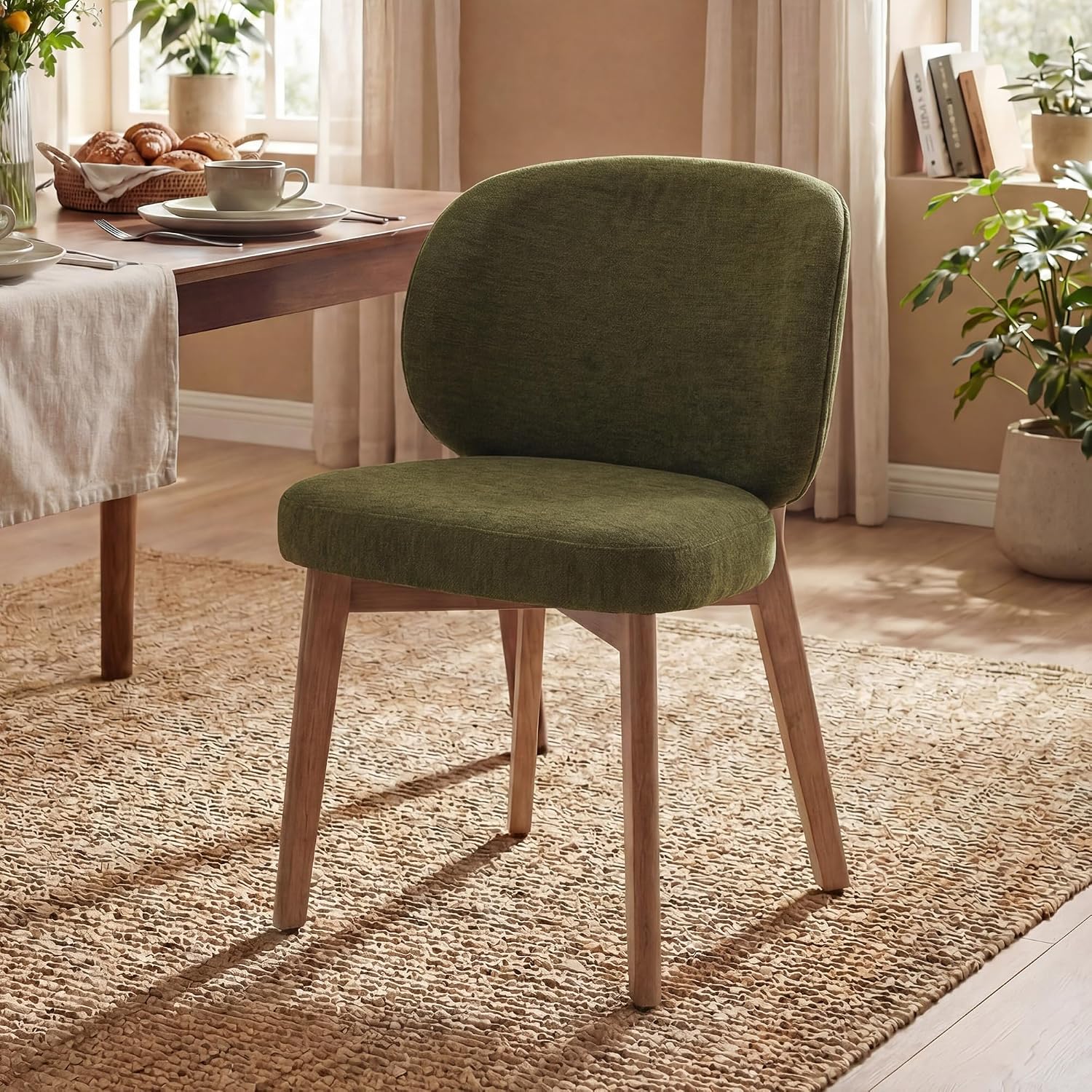 YOUNIKE Olive Green Dining Chair with High Back Single Mid Century Modern Kitchen Chair Boucle Fabric Upholstered Armless Accent Chair 20' Wide Padded Seat with Wooden Legs for Living Room Bedroom