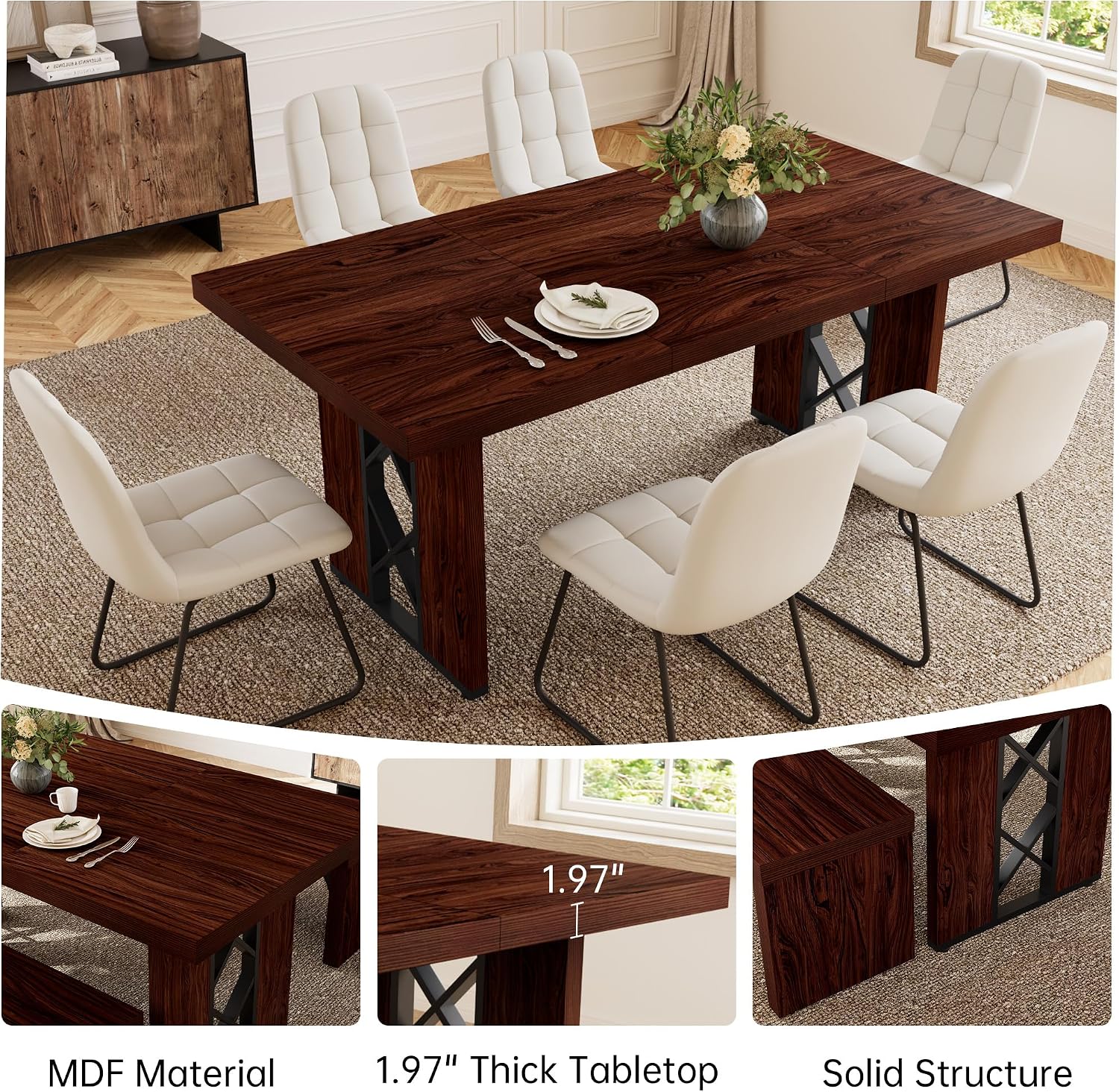 HIPIHOM 7-Piece Dining Table Set for 6 People, 70.8' MDF Kitchen Table with 6 Upholstered Chairs, Space-Saving for Dining Room, Breakfast Nook(Walnut Table+6 White Chairs